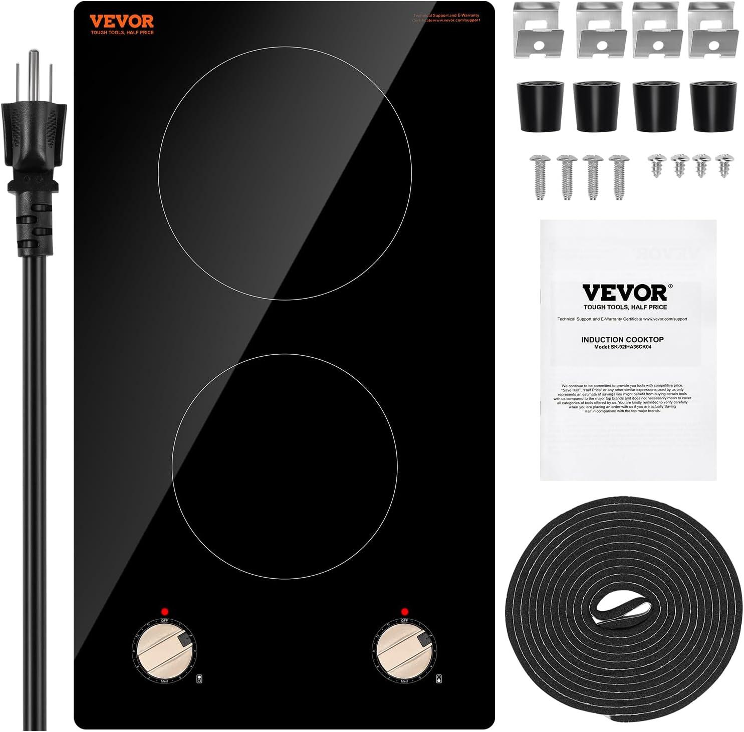 VEVOR Induction Cooktop, 1800W Electric Countertop Burner, 2 Burner Knob Control Stove, Built-in Induction Cooktop with 12 Temperature Settings, Glass Surface, Auto Shut-Off