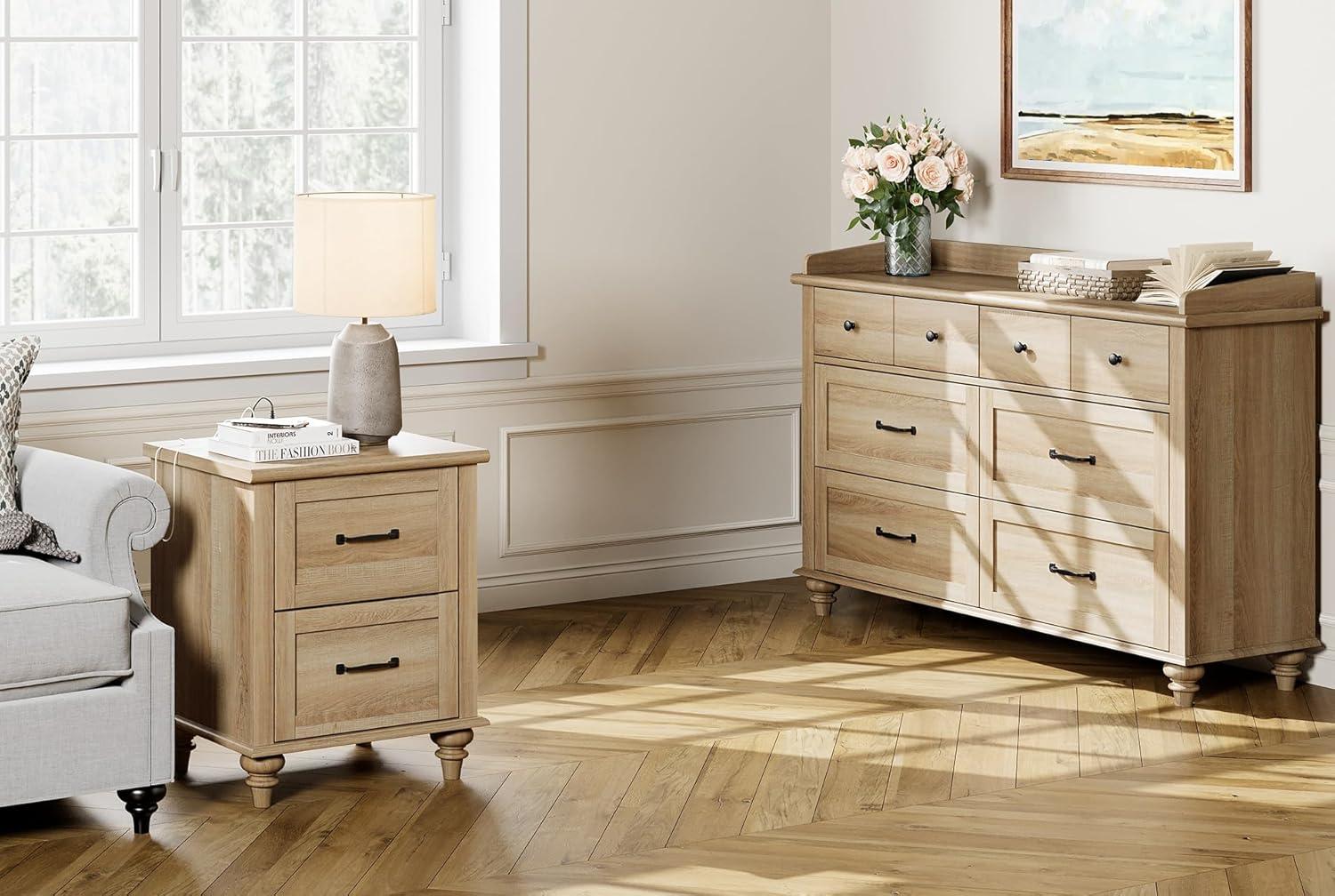 WAMPAT 3 Piece Dresser and Nightstand Sets, Farmhouse Dresser & Chest of Drawers with 6 Drawers & Metal Handle, Set of 2 Nightstands End Table with Charging Staion, 3 Piece Bedroom Set, Oak