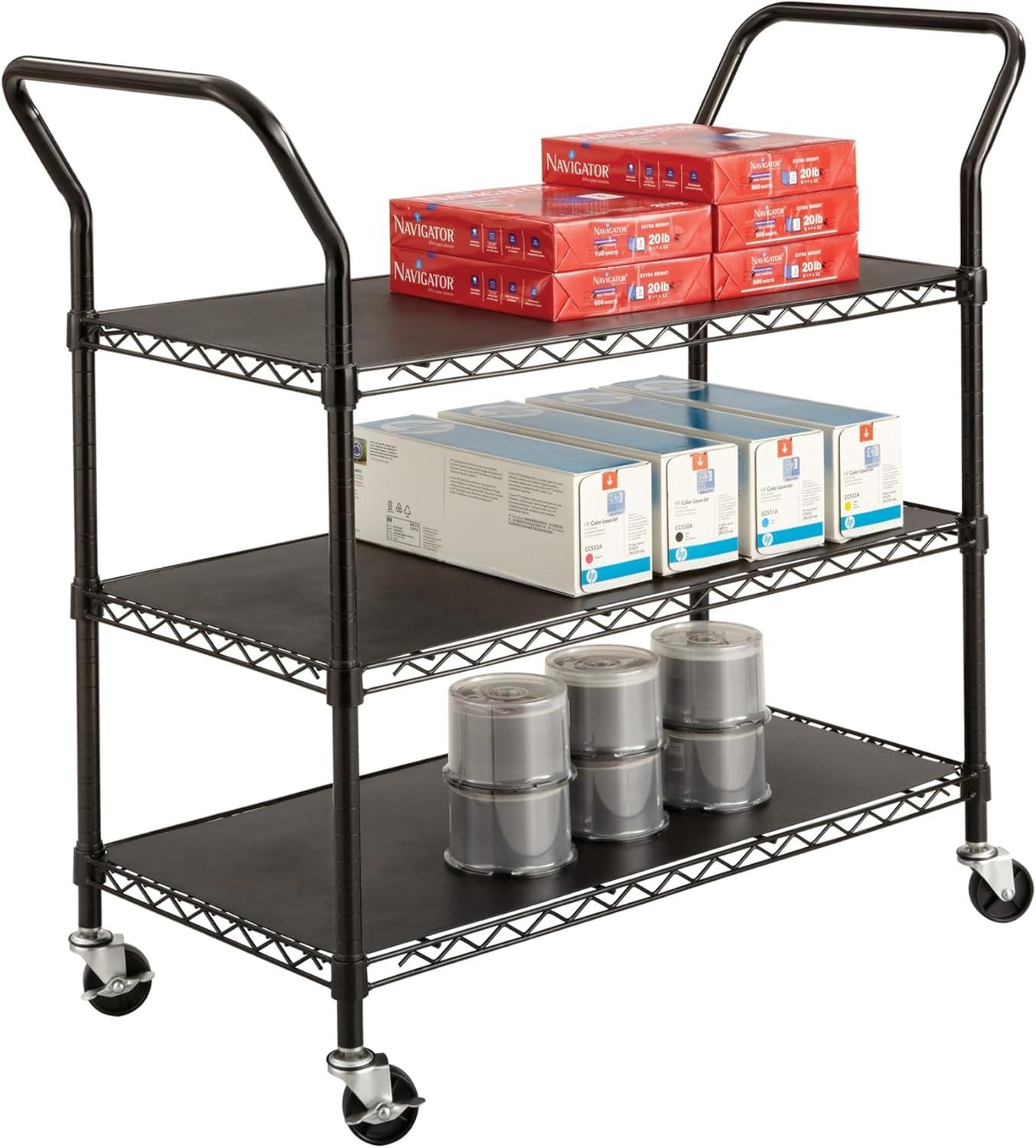 Safco 3 Shelf Wire Utility Transport Cart in Black