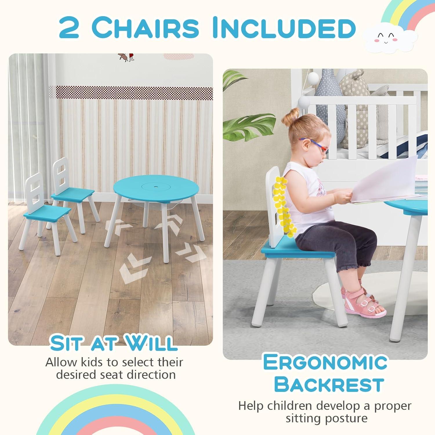 INDSUMOT Kids Table and Chair Set, Wooden Children Activity Table and 2 Chairs for Art & Craft, Storage Mesh Basket, 3-Piece Toddler Furniture Set for Daycare & Playroom, Gift for Boys Girls(Blue)