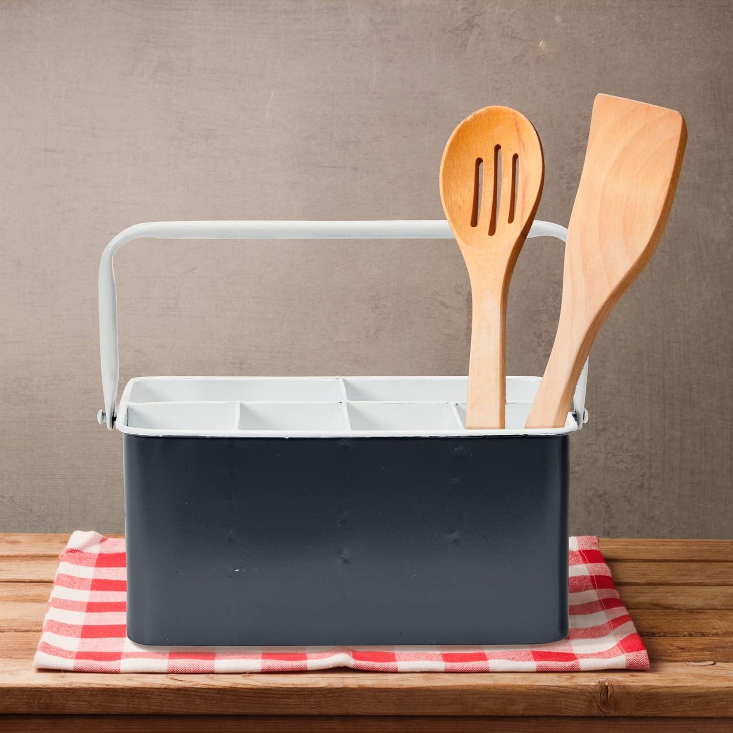 Creative Co-Op Distressed Metal Storage Caddy with 6 Compartments and Handle, Grey and White