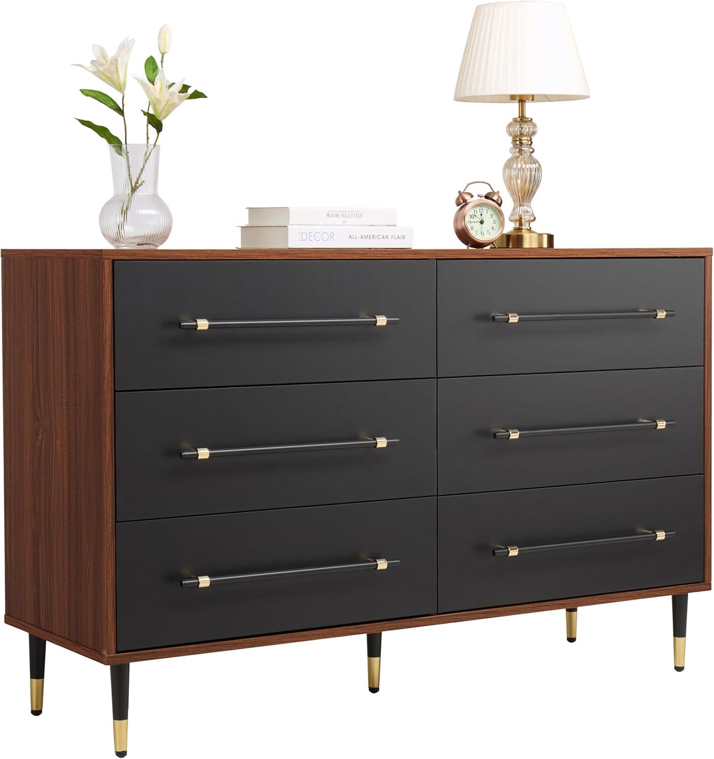 Finnhomy 6 Drawer Dresser for Bedroom, Mid Century Modern Dressers with Black Drawers, Wood Gold Dresser & Chest of Drawer with Wide Metal Handle Wooden Dresser for Bedroom/Living Room/Hallway