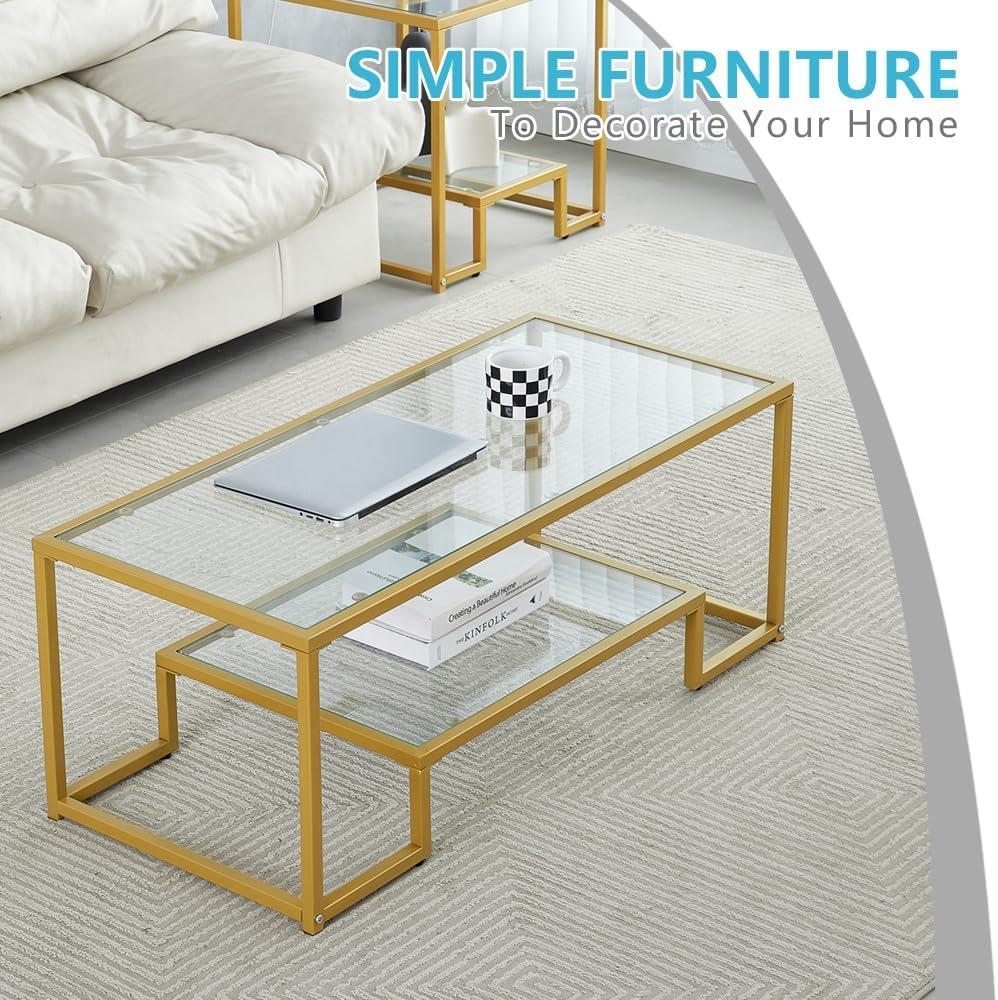 Gold Metal and Glass 2-Tier Side Table with Acrylic Accents