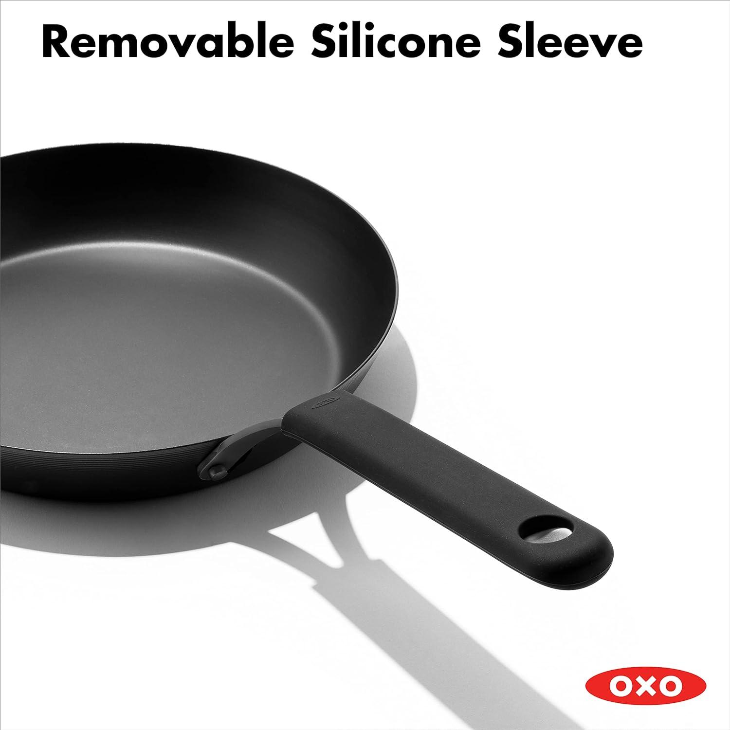 OXO Obsidian Pre-Seasoned Carbon Steel Induction Safe 8" Frying Pan with Silicone Sleeve, Black