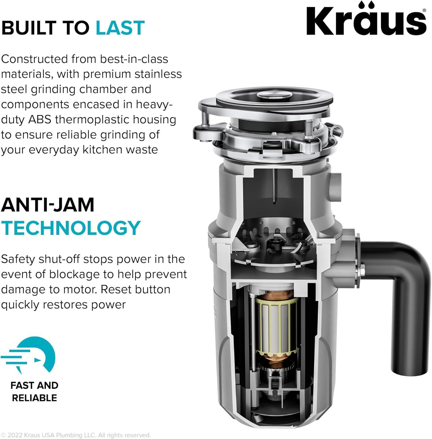 KRAUS WasteGuard Continuous Feed Motor Garbage Disposal with Power Cord and Universal Mount