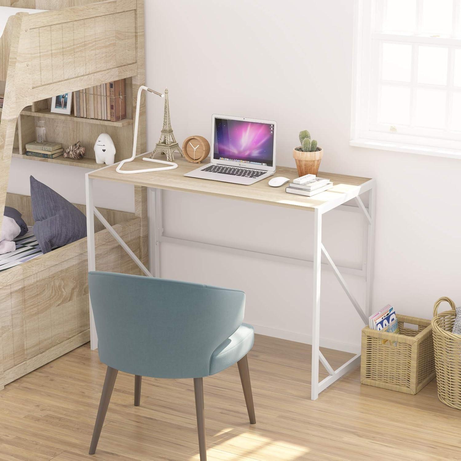 Beige Foldable Rectangular Computer Desk with Steel Frame