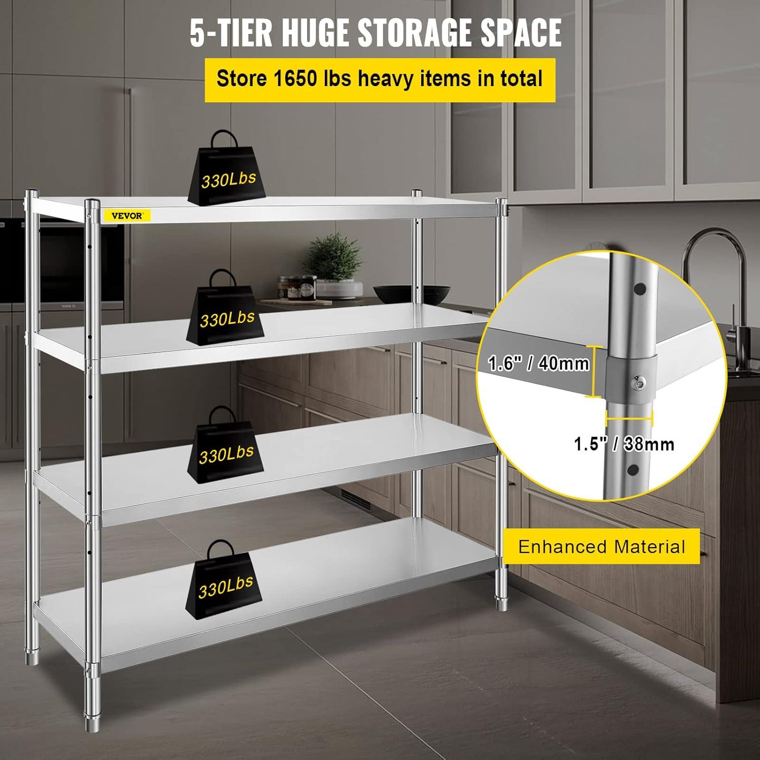 VEVOR 4-Tier Adjustable Stainless Steel Storage Shelf