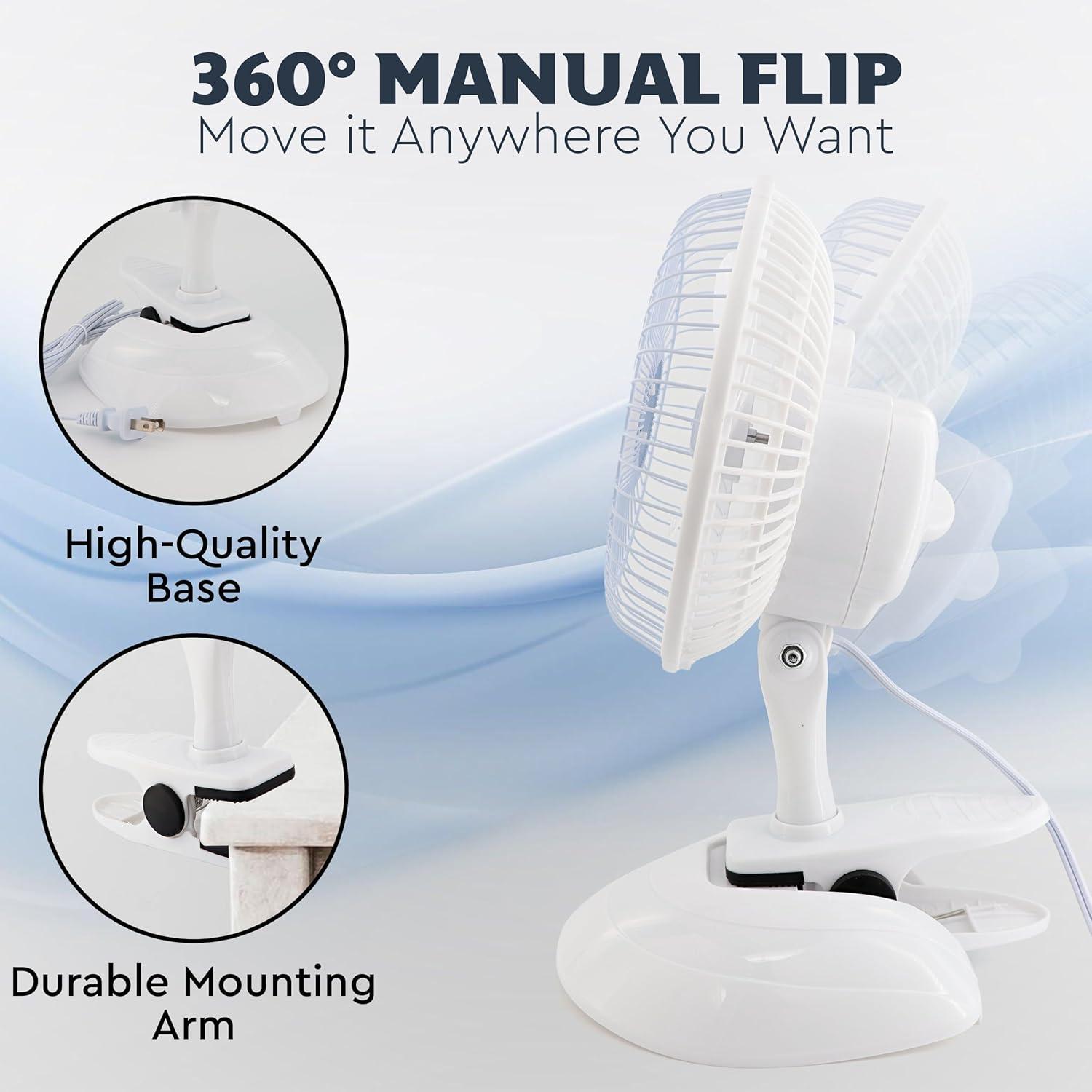 TiaGOC Clip on Fan & Desk Fan, Small Clip Fan with Sturdy Clamp, 6 Inch Portable Clip on Fan Plug-In Quiet Personal Cooling Bed Fan for Home, Camping, 2 Speed Clip Fans with Adjustable Tilt, White