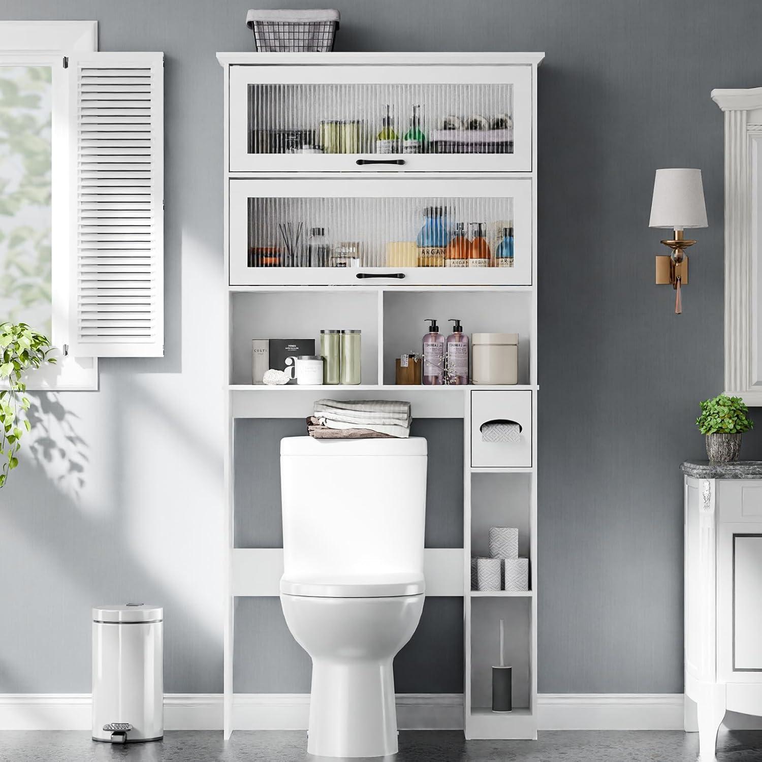 Over The Toilet Storage Cabinet with Transparent Door, Toilet Paper Storage Cabinet with Multi Layer Shelves Suitable for Bathroom, Laundry Room, Freestanding Bathroom Storage Rack,White