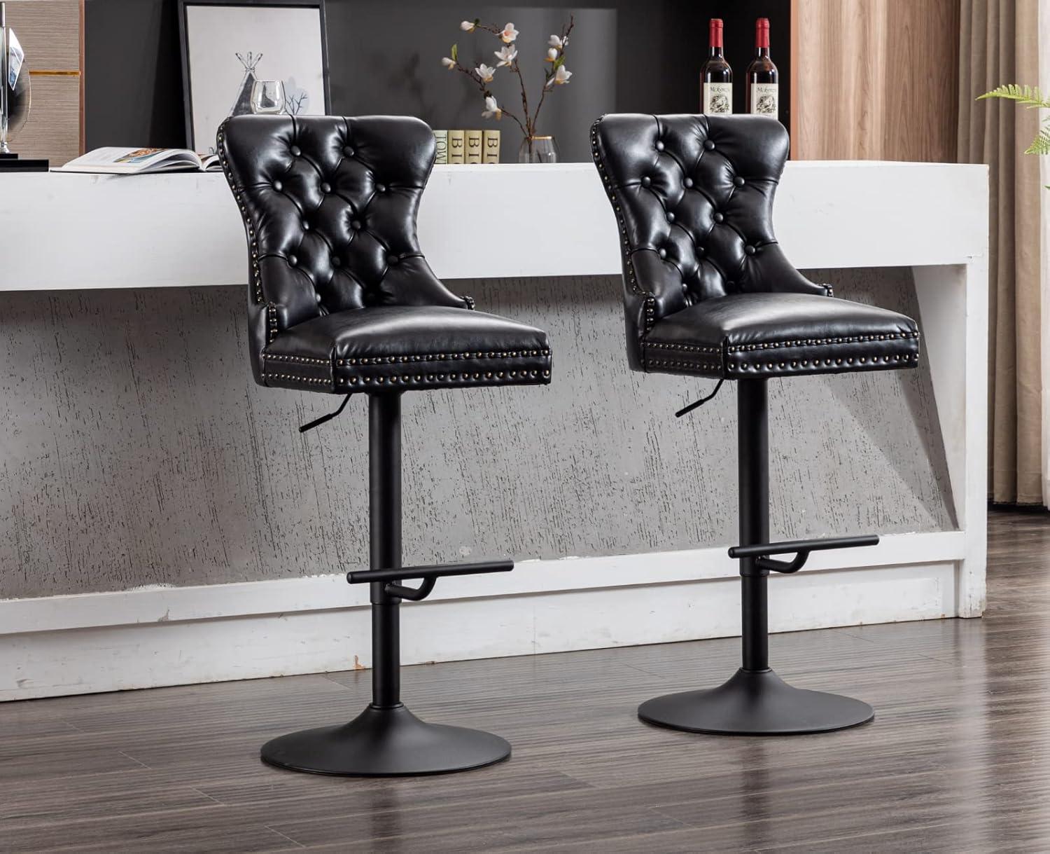 Bar Stools Set of 2,Adjustable Swivel Barstools, Faux Leather Bar Chairs,Upholstered Counter Height with High Backrest for Kitchen Island, Black