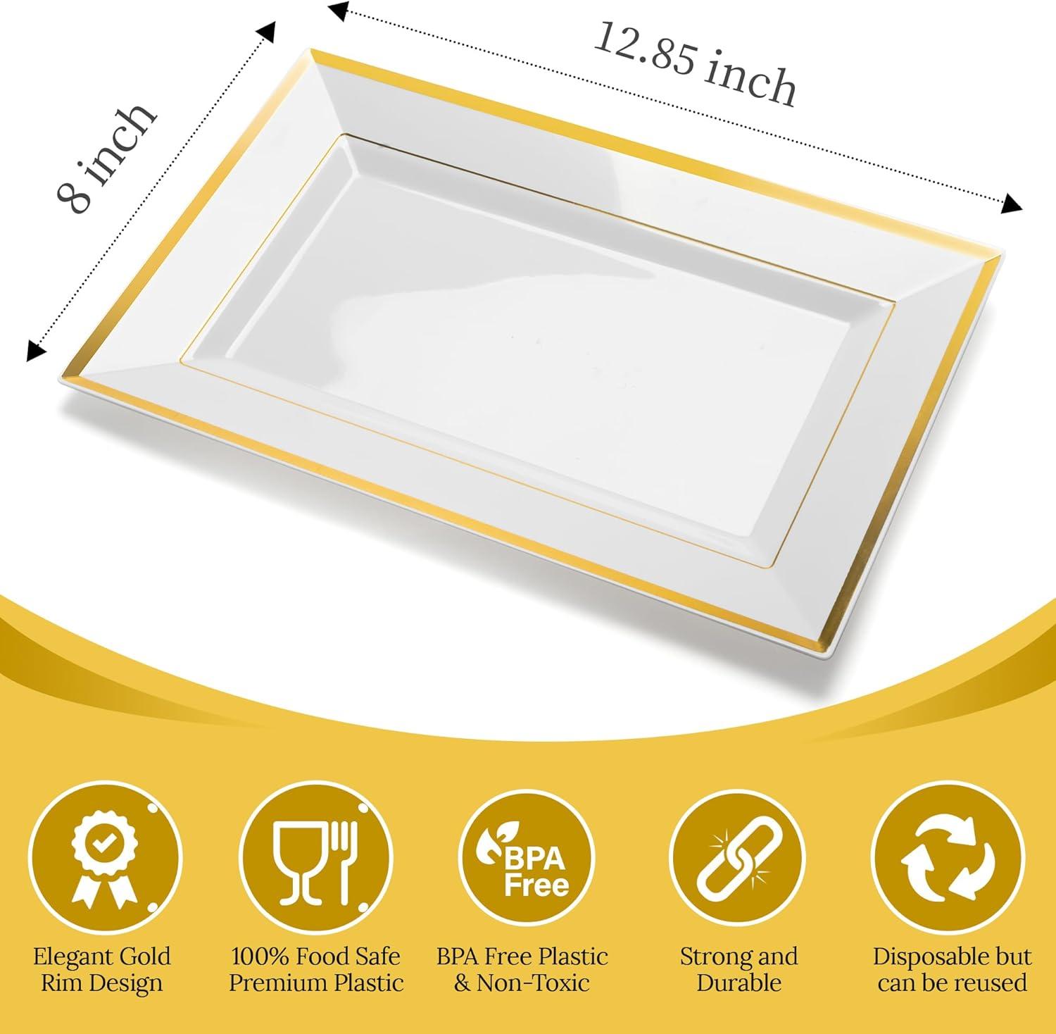 Elegant White and Gold Rim Plastic Serving Tray Set (6 Pack)