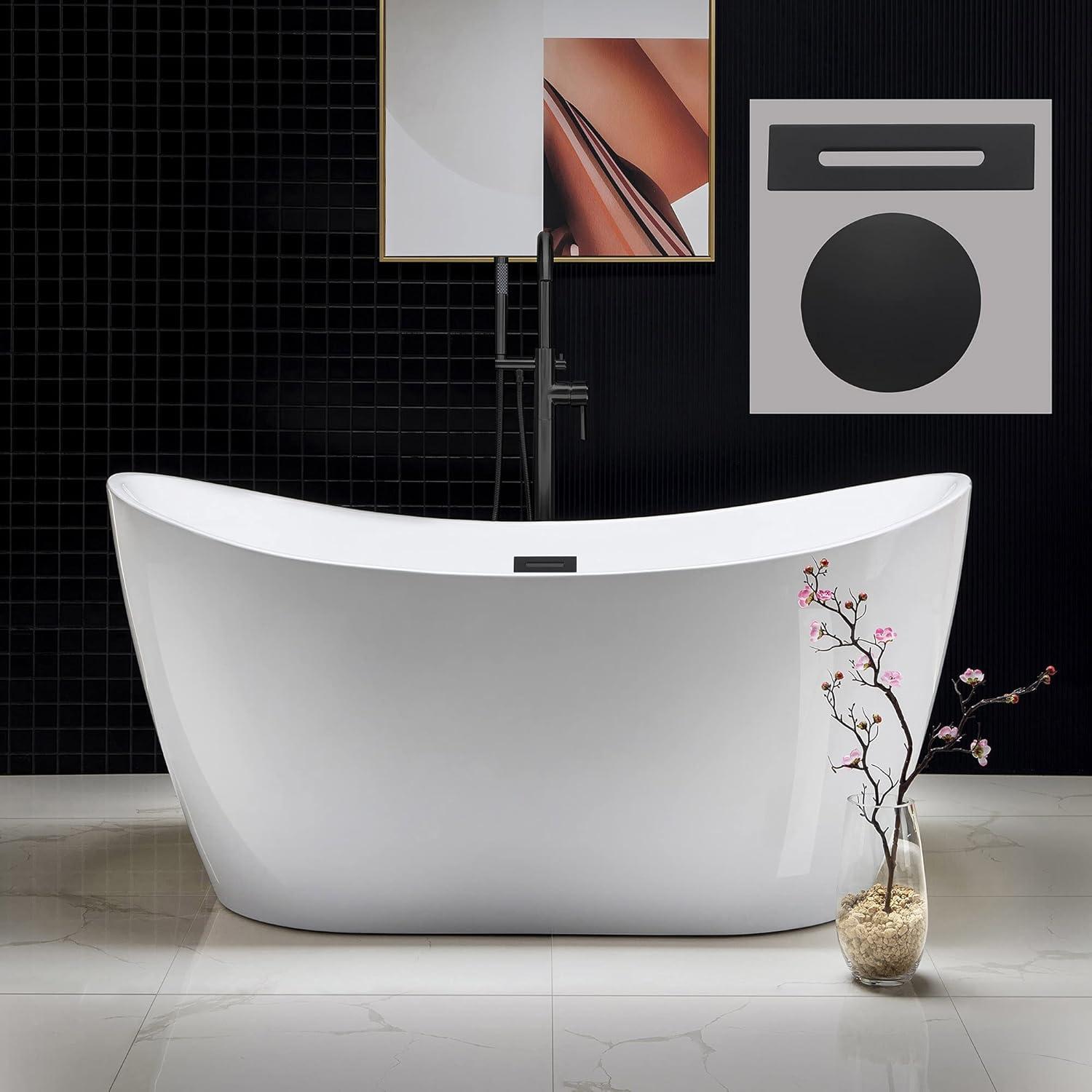 59" White Acrylic Freestanding Oval Bathtub with Matte Black Overflow