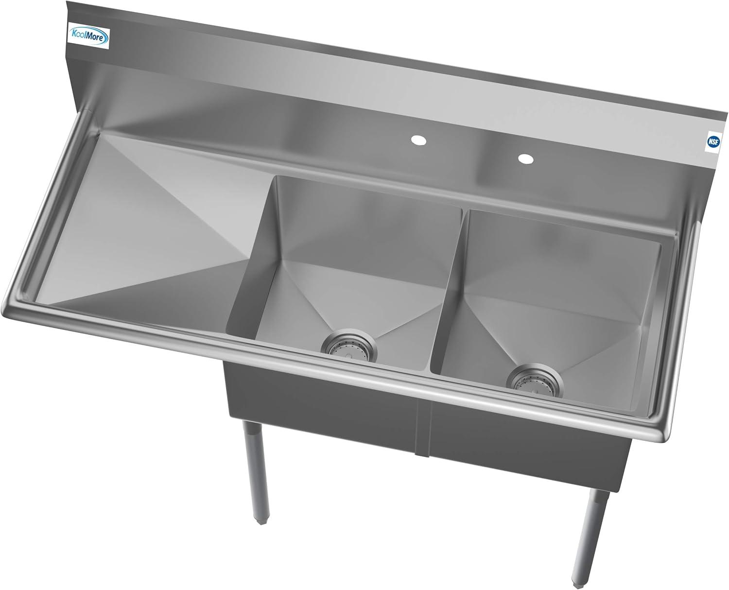 KoolMore 2 Compartment Stainless Steel NSF Commercial Kitchen Prep & Utility Sink with 2 Drainboards - Bowl Size 15" x 15" x 12", Silver, Left Drainboard