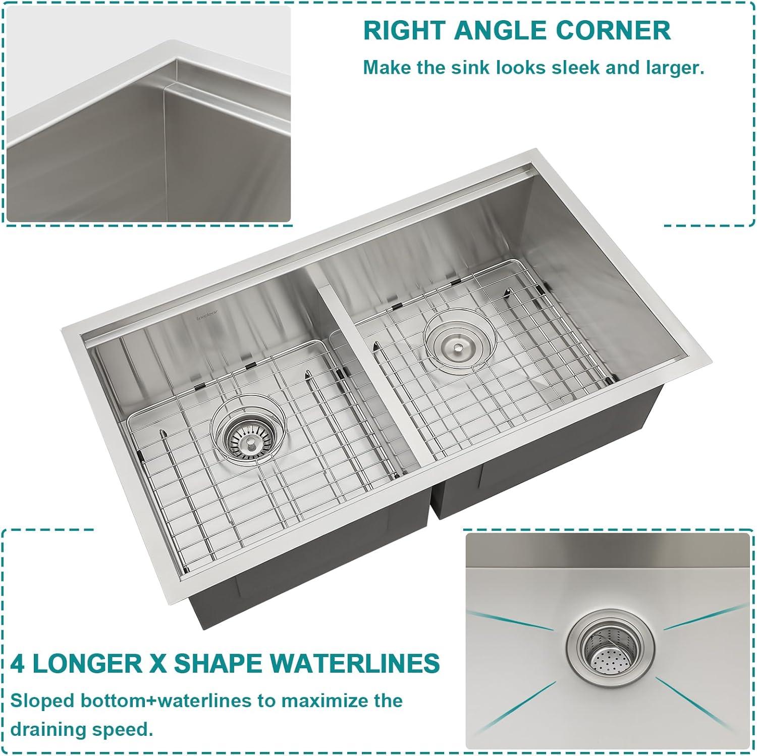 Double Bowl (60/40) Undermount Sink, 33"x19" Gunmetal Black Double Bowl Kitchen Sink 16 Gauge with Two 10" Deep Basin, X Grooves Engineered for Easy Draining