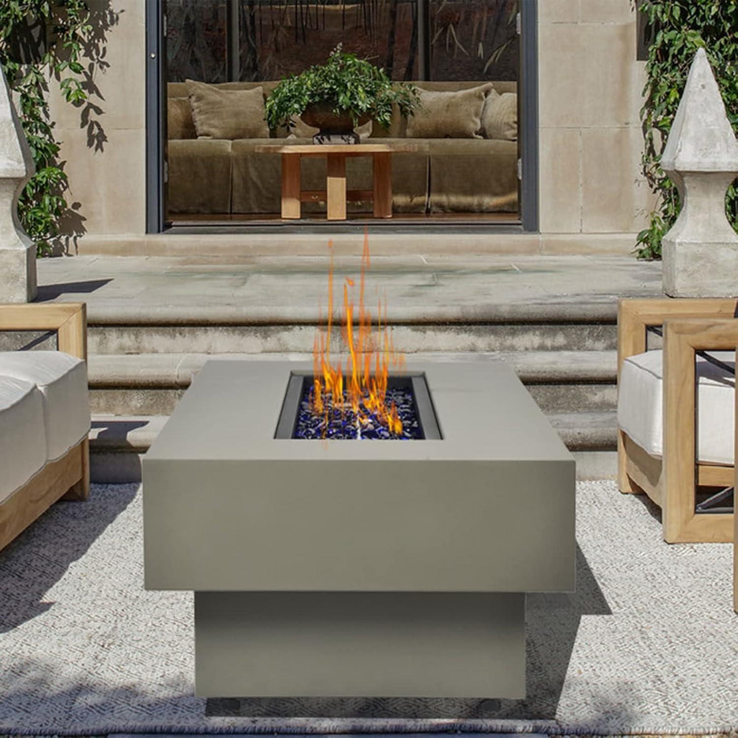 BAIDE HOME 48'' Steel Low Profile Fire Table, 50,000 BTU Modern Propane Gas Fire Pit Table with Lid, Glass Rocks, Cover, Pre-attached 10ft Propane Hose, Fint Gray