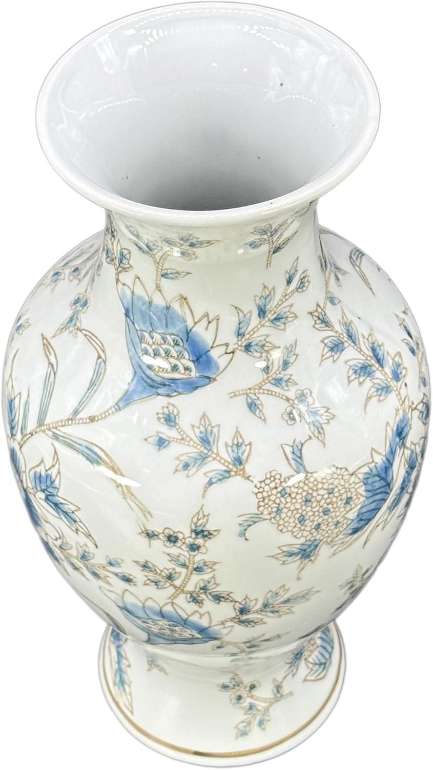 Dark Blue Floral Chinoiserie Ceramic Vase with White Accents