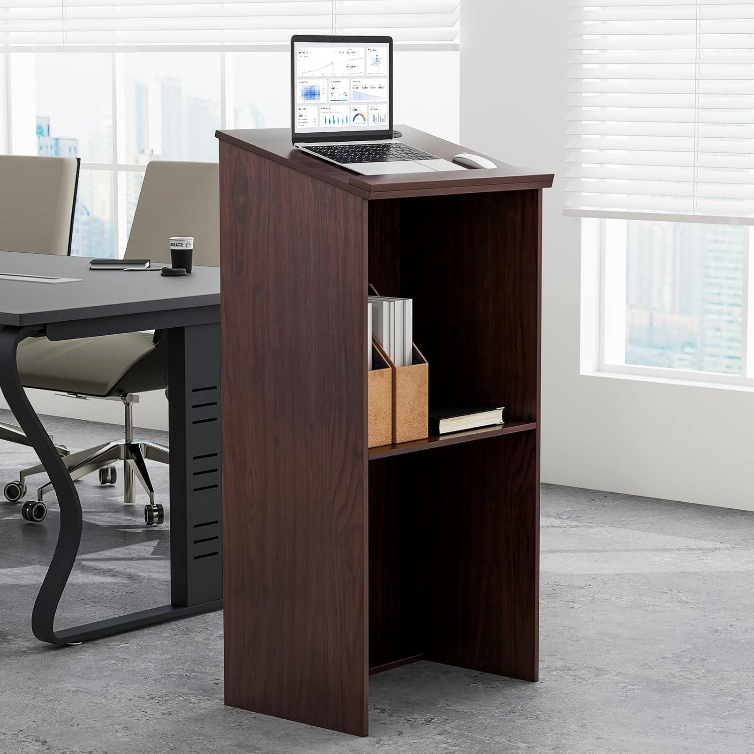 Finihen Wooden Floor Standing Podium Speaking Lectern, Laptop Workstation for Laptops, Books, Tablets, and Art, Brown