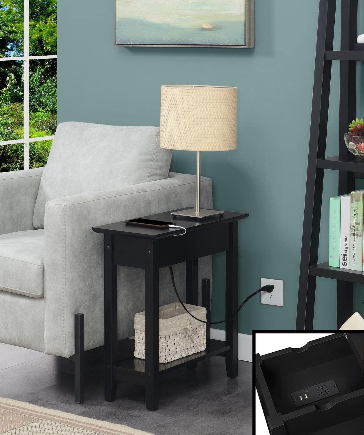 American Heritage Flip Top End Table with Charging Station and Shelf Black