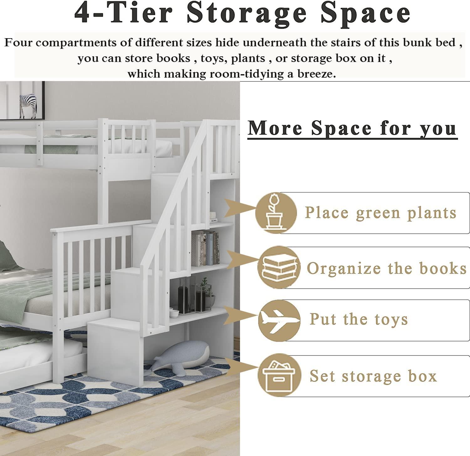 CITYLIGHT Bunk Bed Twin Over Full with Trundle, Bunk Beds with Stairs and Open Shelves, Wooden Stairway Bunk Bed for Kids, Teens,Bedroom, Dorm(White,Twin Over Full)