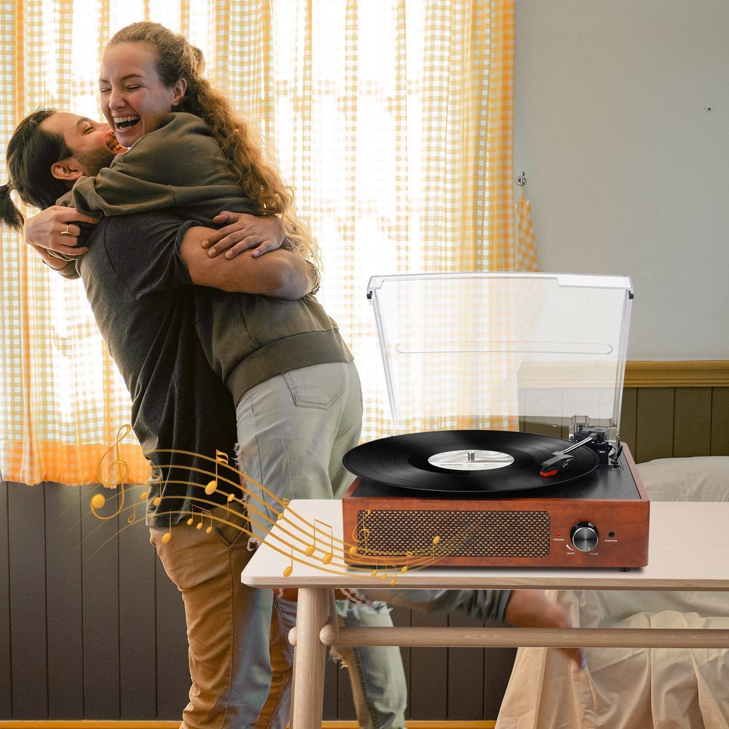 Record Players Vintage Turntable for Vinyl Records with Speakers Belt-Driven Turntables Support 3-Speed, Bluetooth Wireless Playback, Headphone, AUX-in, RCA Line LP Vinyl Players