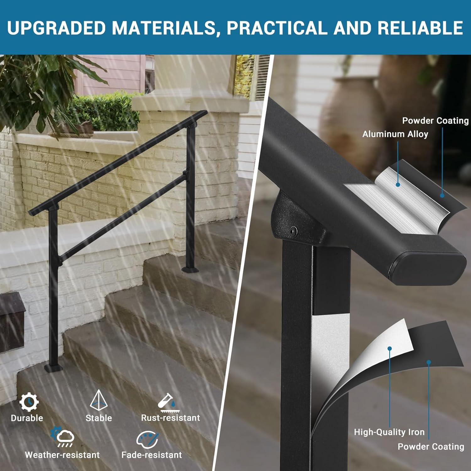 TROPOW Handrails for Outdoor Steps, Adjustable 3 Steps Handrails Outdoor, Porch Handrails for Stairs Fit 2-3 Steps, Metal Porch Railing, Deck Handrail, Black Hand Rails kit, Upgrade Aluminium