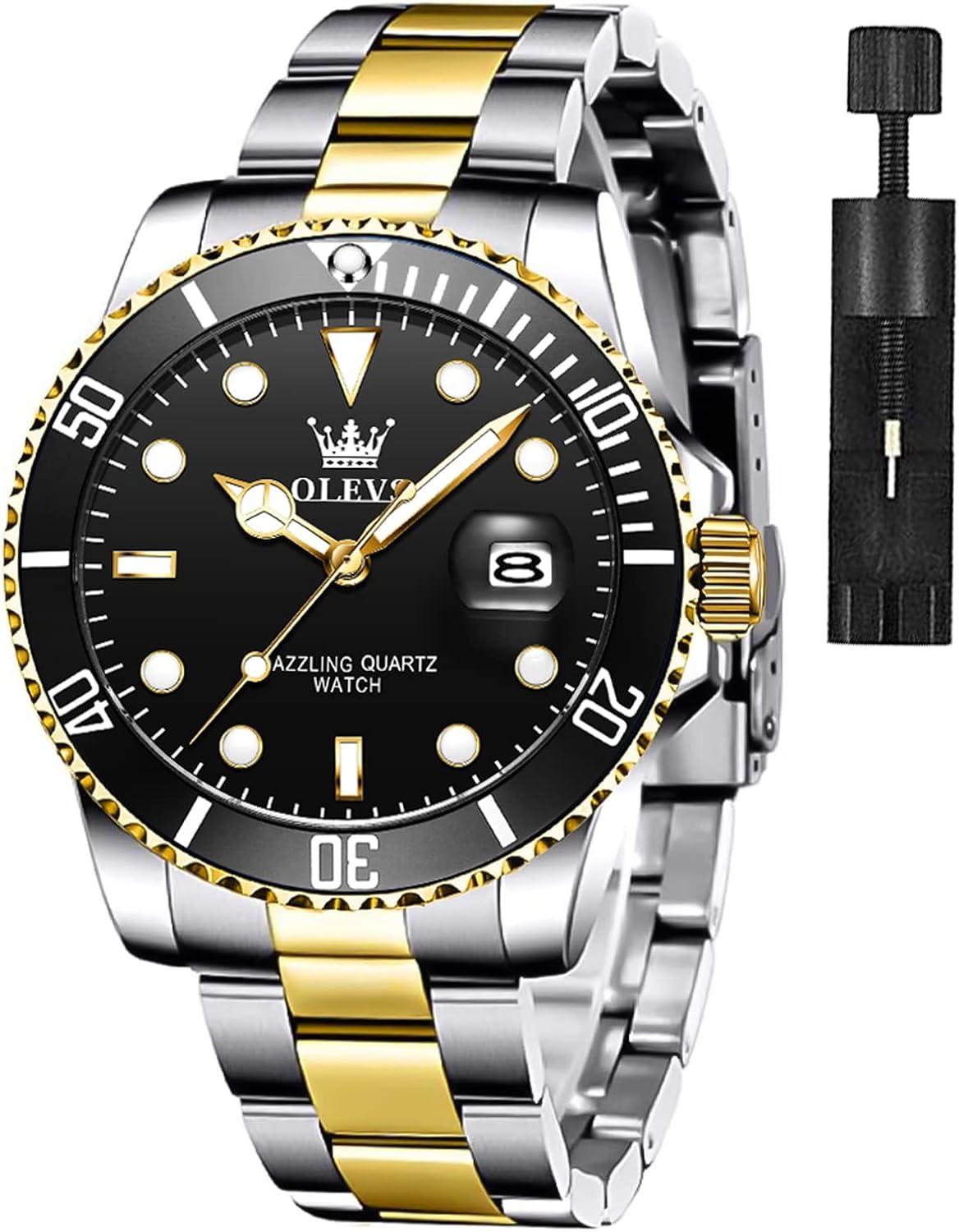 OLEVS Men Watch,Big Dial Watches for Men Stainless Steel Watch with Day Waterproof Analog Quartz Watches for Man Classic Business Wristwatch Luxury Luminous Round for Men Rotatable Bezel Watch