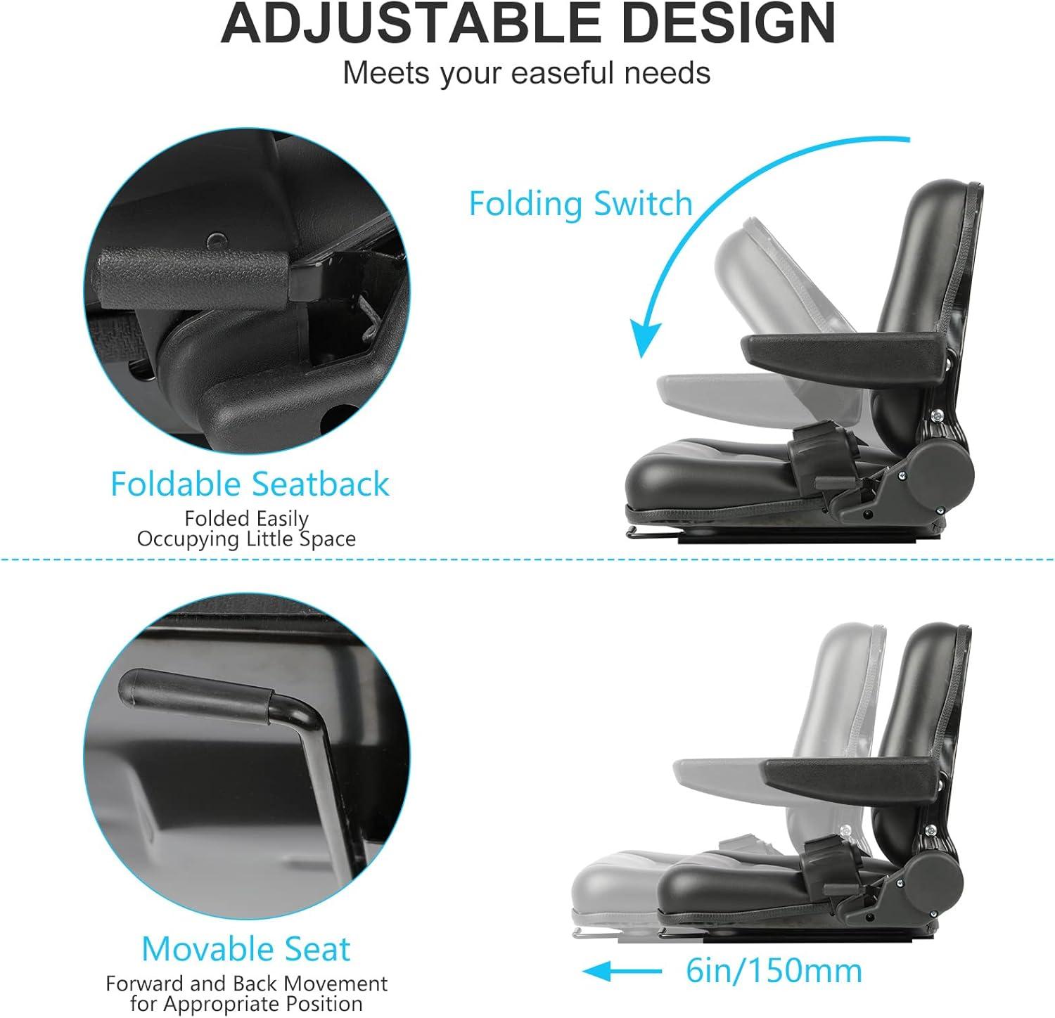 Black Adjustable PVC Forklift and Tractor Seat with Armrests
