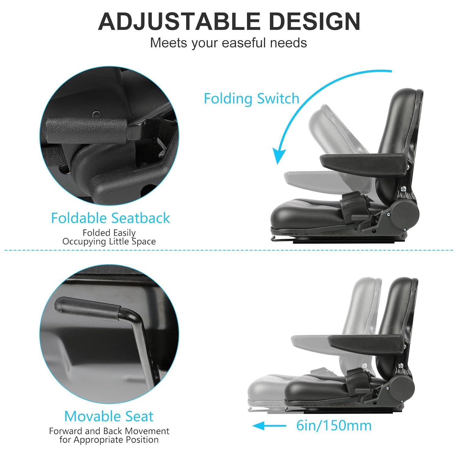 Black Adjustable PVC Forklift and Tractor Seat with Armrests