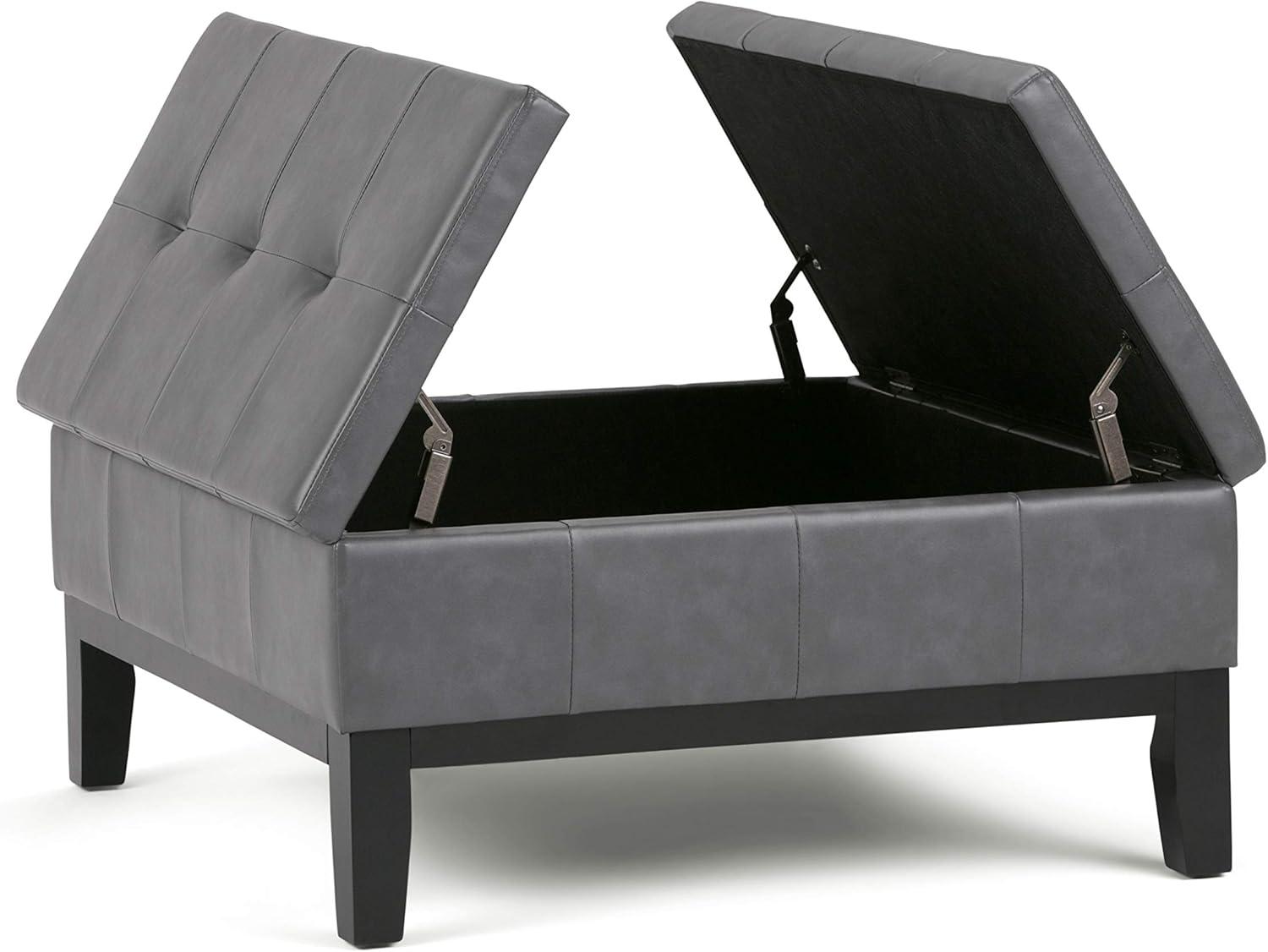 Simpli Home Dover 36"W Upholstered Square Coffee Table Storage Ottoman with Split Tufted Lift Top