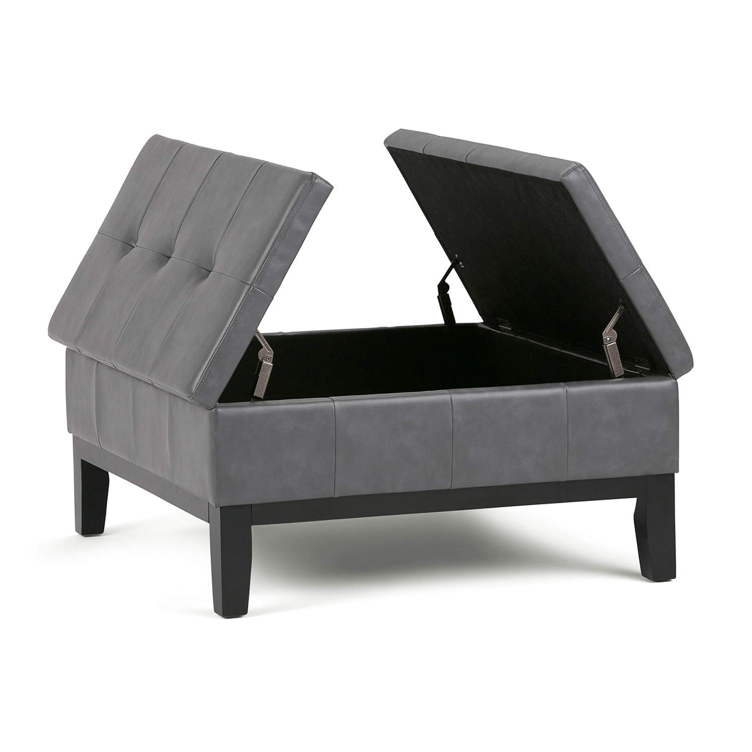 Simpli Home Dover 36"W Upholstered Square Coffee Table Storage Ottoman with Split Tufted Lift Top