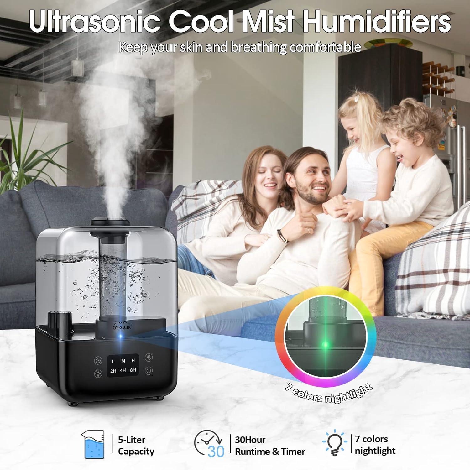 Humidifiers for Bedroom, Ultrasonic 5L Top Fill Humidifiers for Large Room Baby Home with 360° Rotation Nozzle, 3 Mist Levels, Auto Shut-Off, Timer, Essential Oil Diffuser, 30H Work Time, Quiet Black