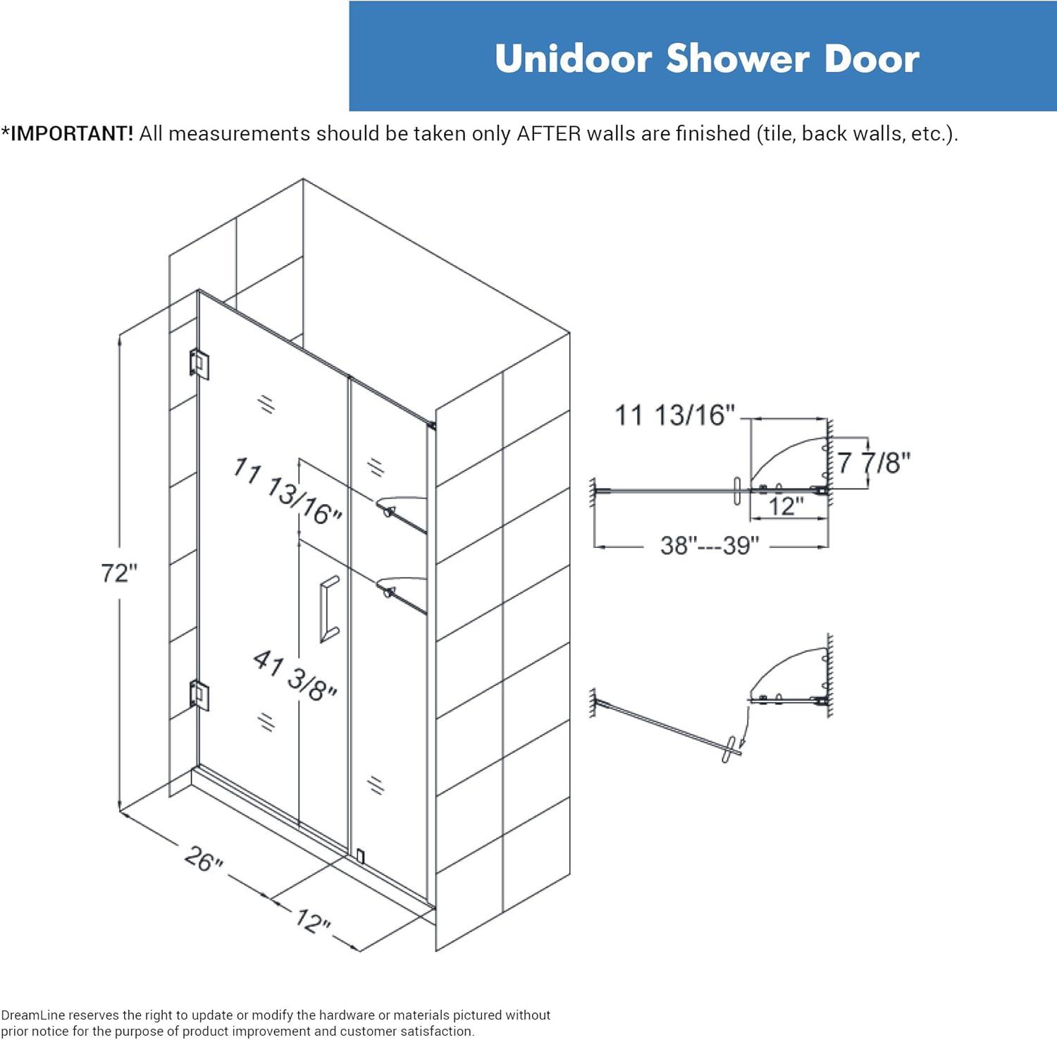 Unidoor 42" Satin Black Frameless Hinged Shower Door with Clear Glass