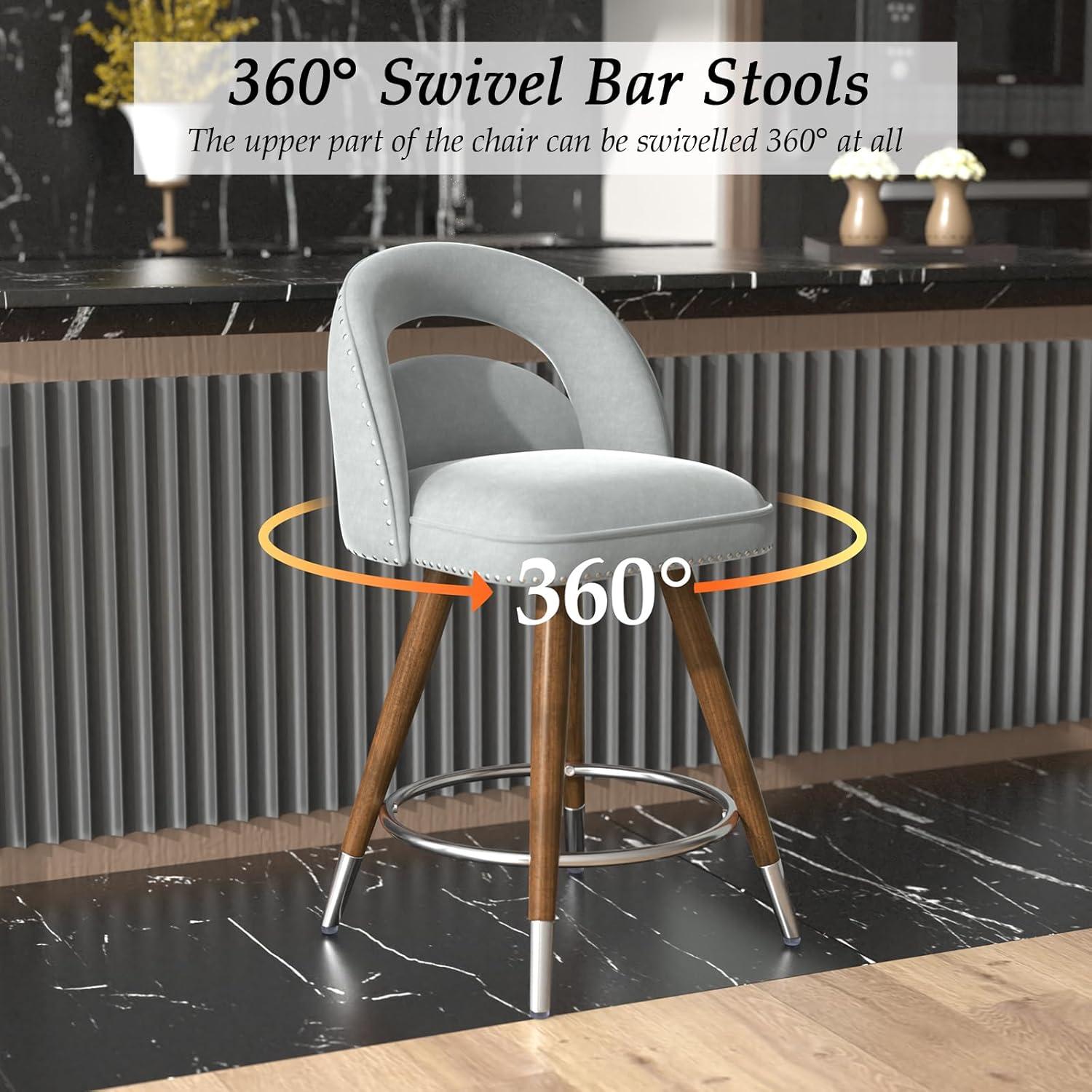 Kokitus Counter Height Bar Stools, 24 Inch Swivel Bar Stools with Backs&Solid Wood Legs