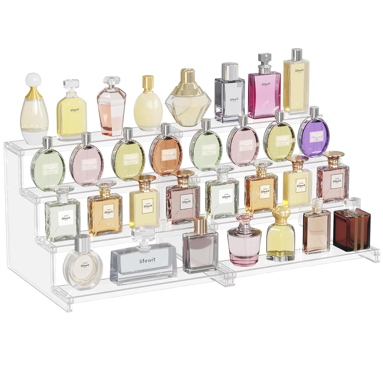 Lifewit 4 Tier Clear Display Risers Stand With Decorative Fences, Plastic 12 Inch Perfume Organizer, Display For Figures, Cupcake, Dessert, Desktop Stand For Organization And Decor, 1 Pack