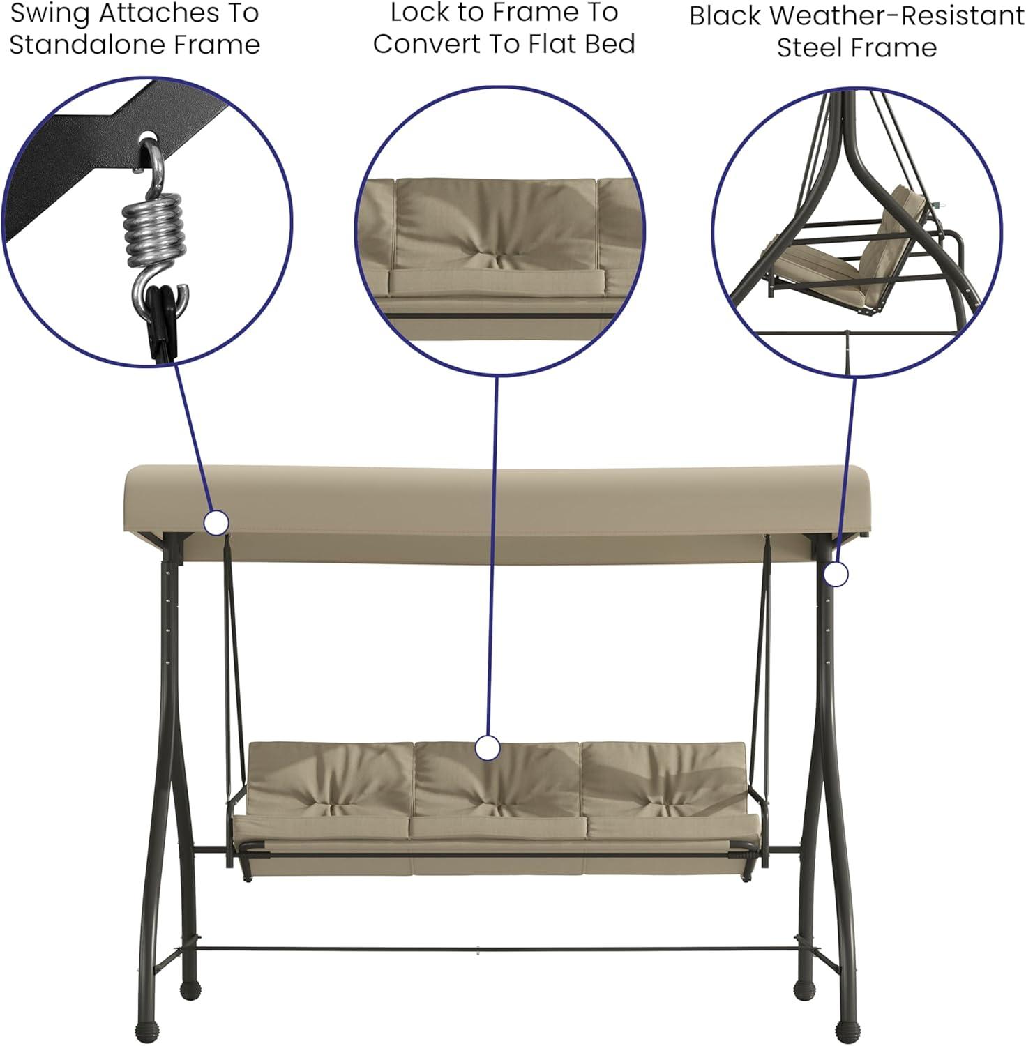 Flash Furniture 3-Seat Outdoor Steel Converting Patio Swing Canopy Hammock with Cushions / Outdoor Swing Bed (Tan)