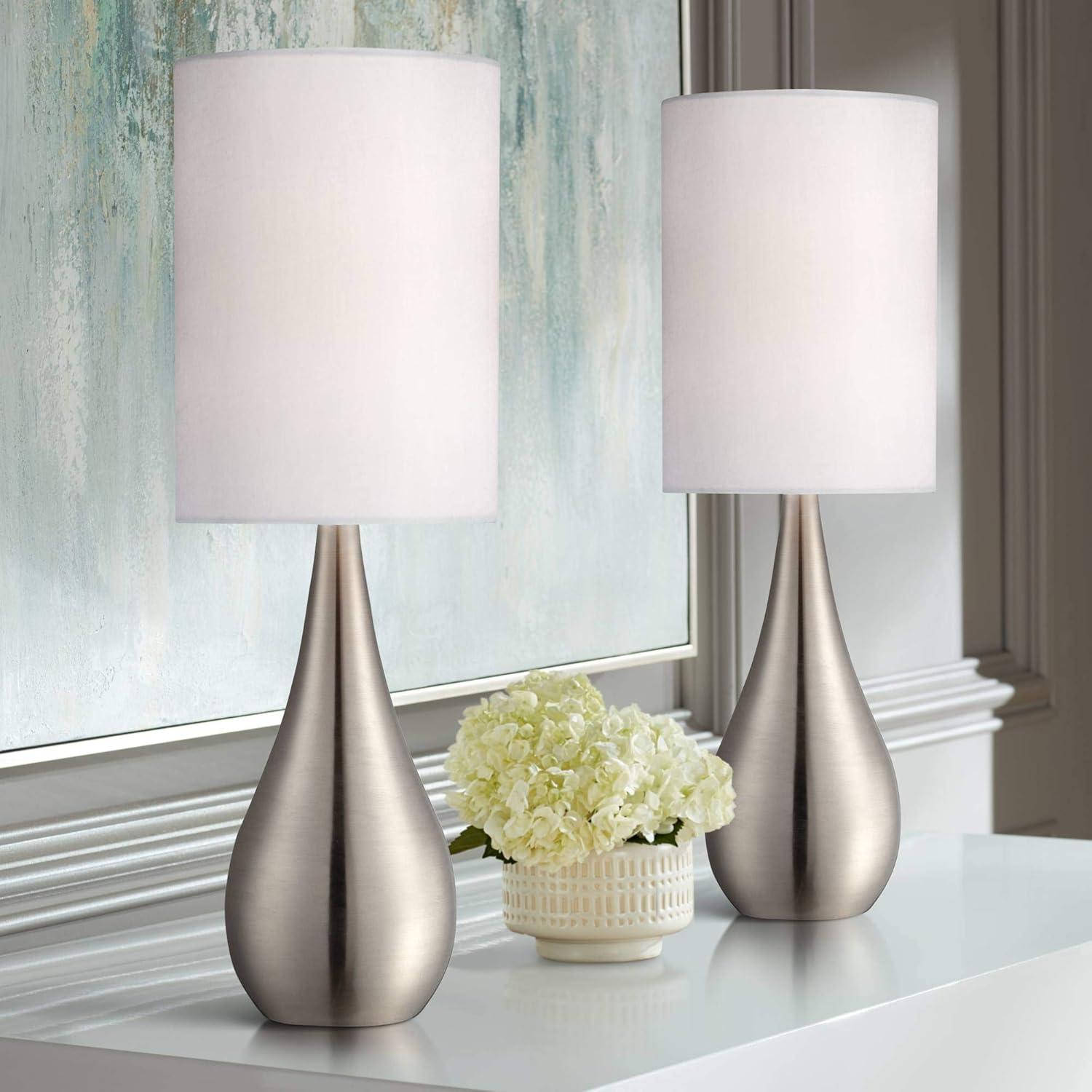 360 Lighting Evans Modern Accent Table Lamps 21" High Set of 2 Brushed Nickel Metal Teardrop White Cylinder Shade for Bedroom Living Room House Home