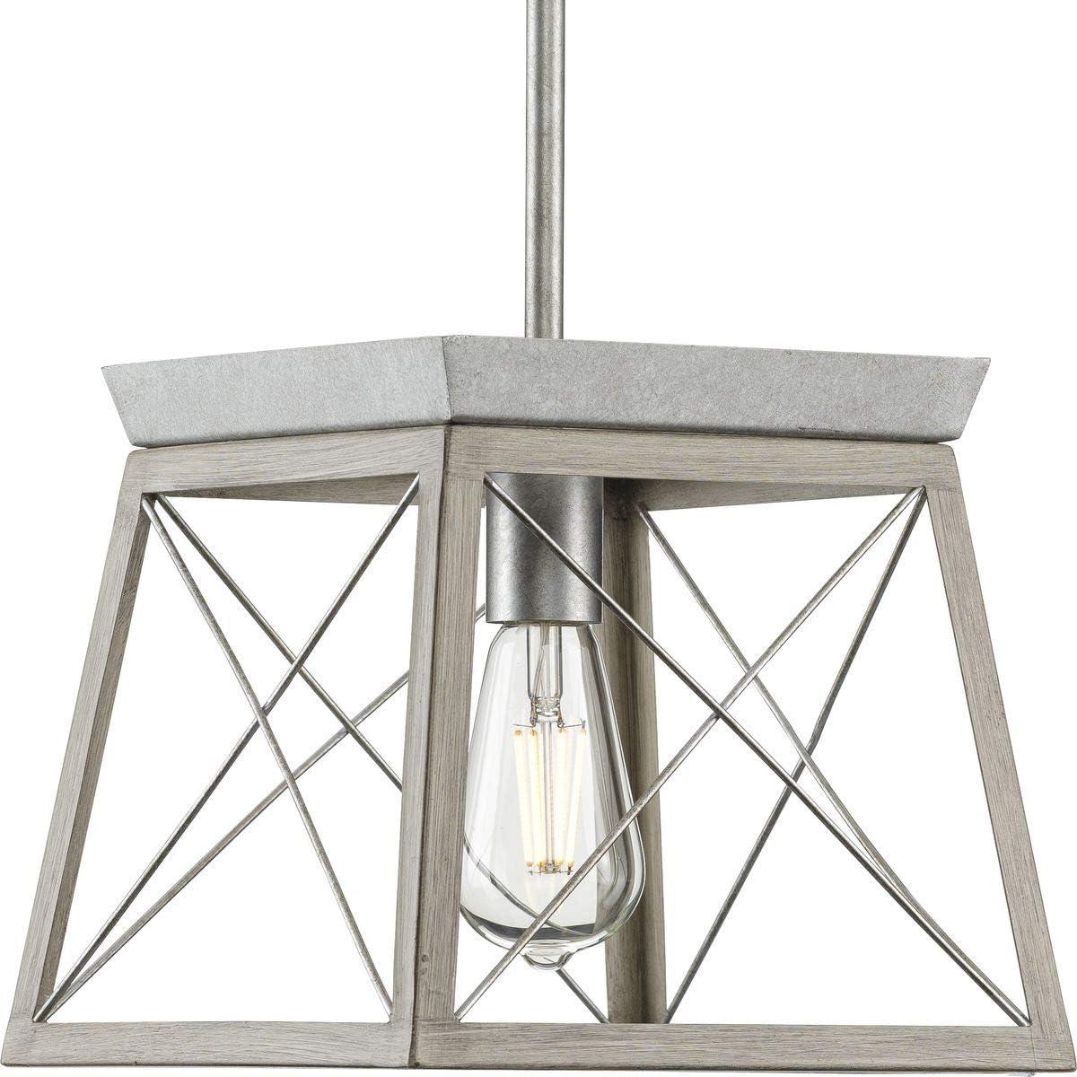 Progress Lighting Briarwood 1-Light Mini-Pendant, Steel, Galvanized, Faux-Painted Wood Enclosure, Canopy Included