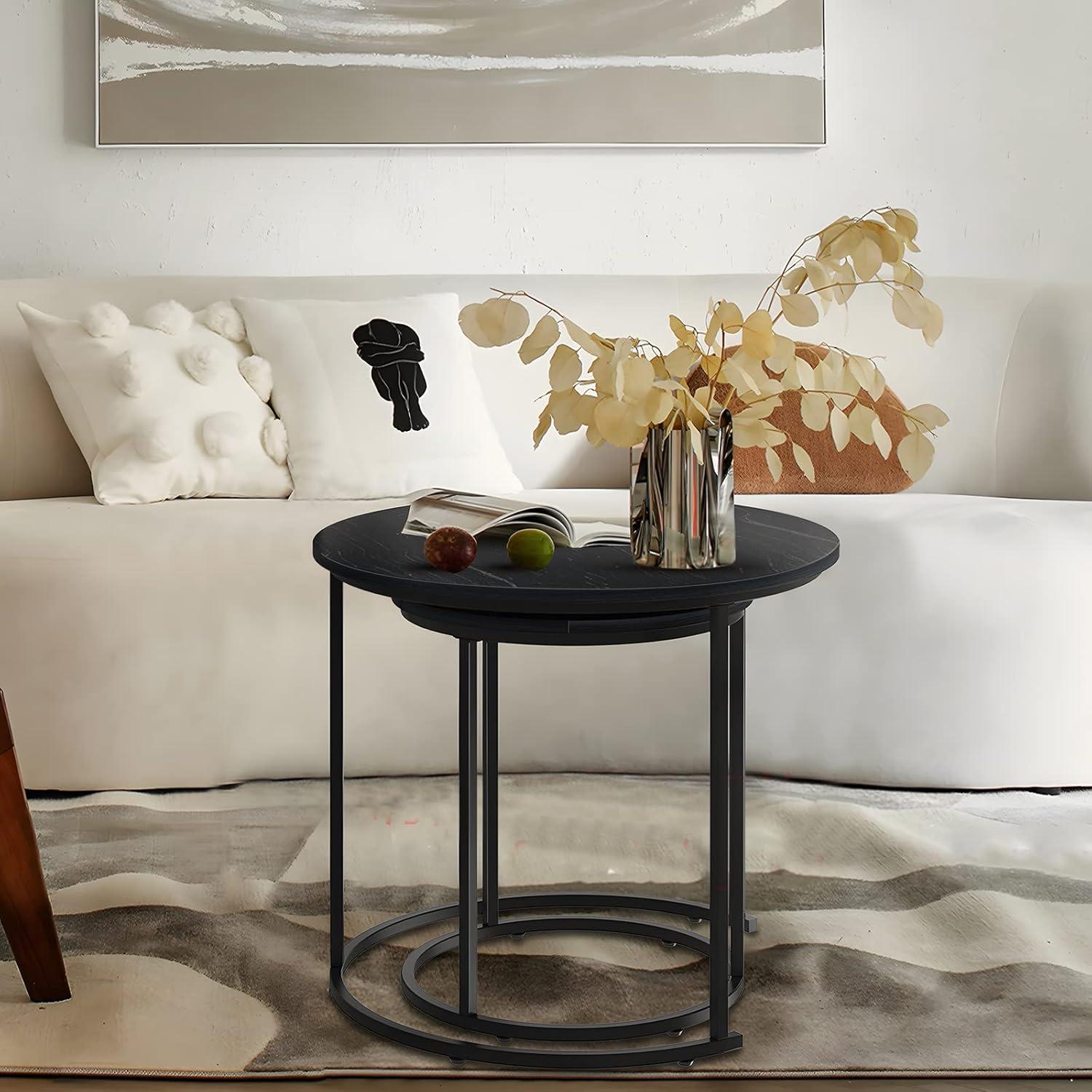 Black Marble Nesting Coffee Table Set with Metal Frame