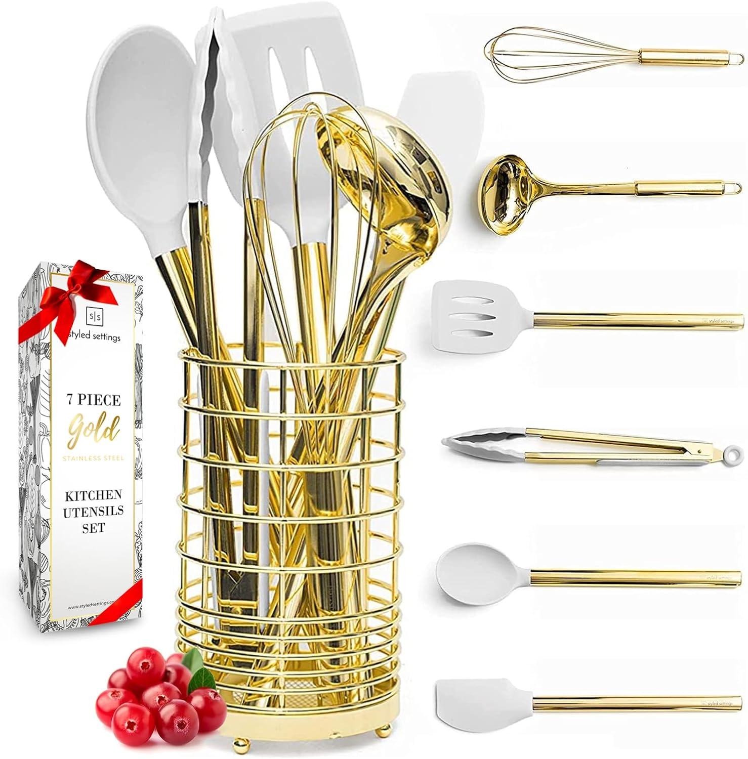 White and Gold 7-Piece Silicone Cooking Utensils Set with Holder