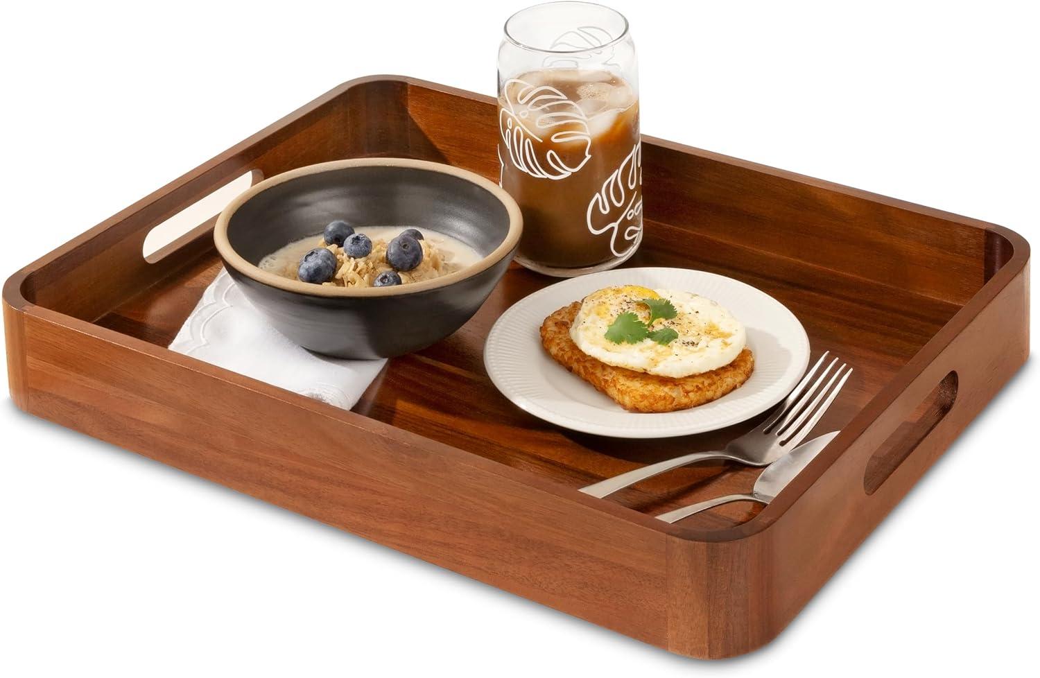 Large Acacia Wood Serving Tray with Handles