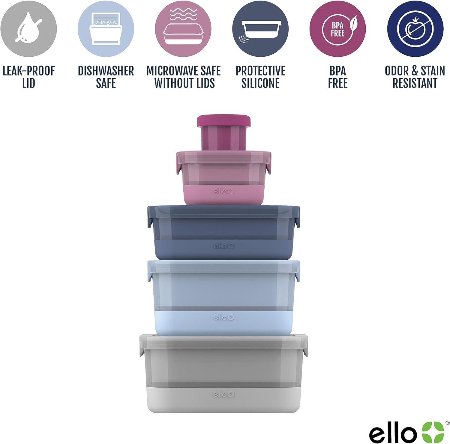Ello 10pc Plastic Food Storage Container Set with Skid Free Soft Base: Multicolored, Dishwasher-Safe, 5 Containers with Lids