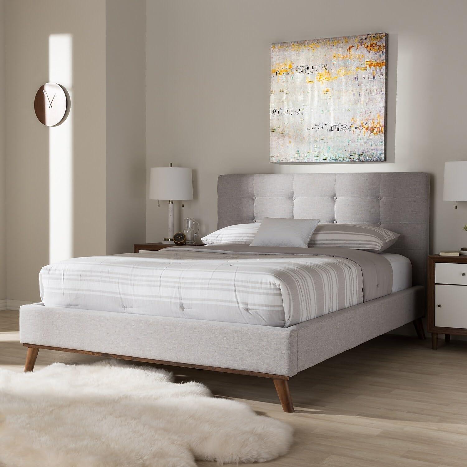 Valencia Queen-Sized Greyish Beige Tufted Upholstered Bed with Walnut Legs