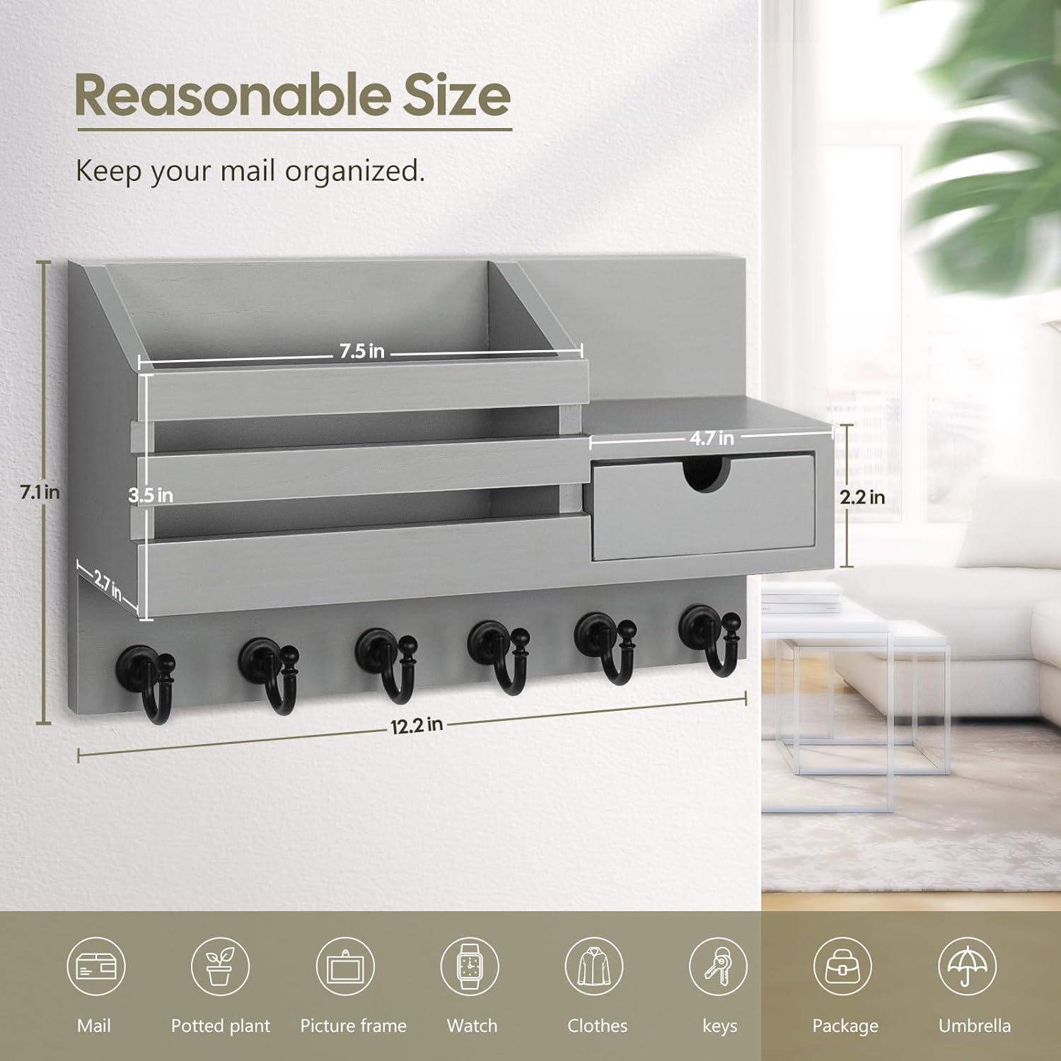 Gray Wall-Mounted Mail Organizer with Hooks and Drawer