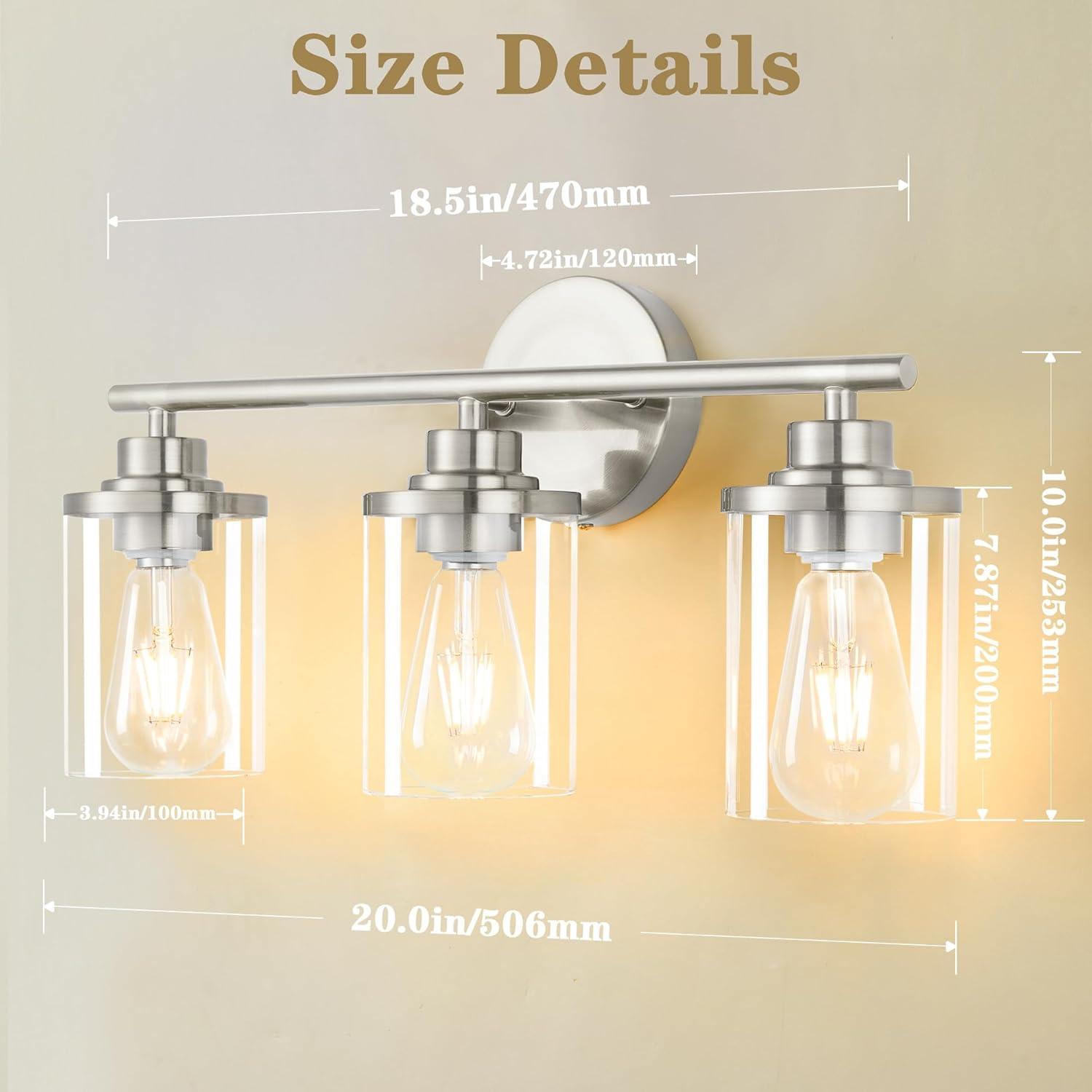 3-Light Bathroom Light Fixtures, Brushed Nickel Vanity Light, Farmhouse Wall Lights with Clear Glass Shade, Bathroom Wall Lamp for Mirror Kitchen Bedroom Hallway Living Room Hallway Cabinet