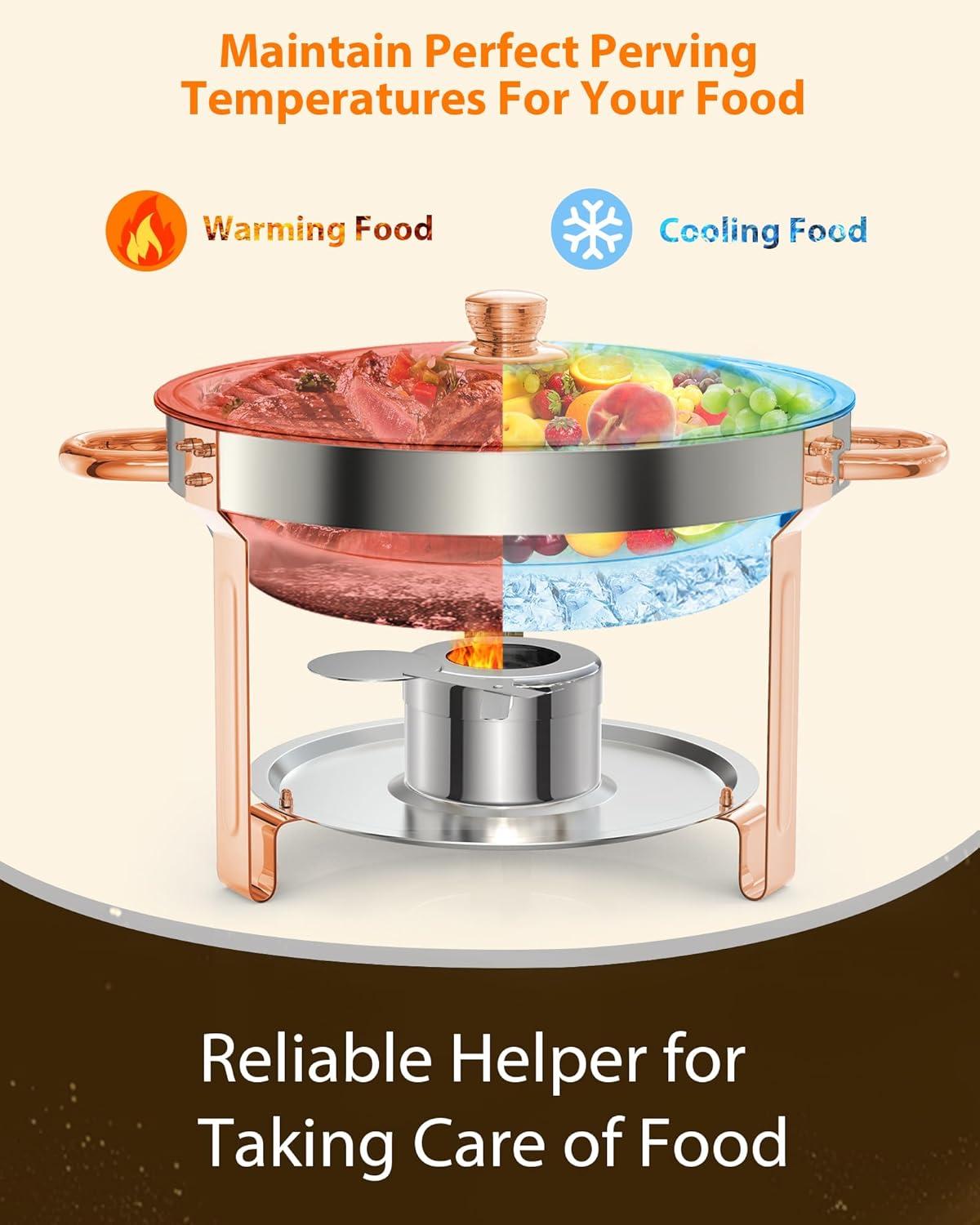 5QT round chafing dish buffet set (2-pack) in Rose Gold, NSF-certified stainless steel with lid, spoon, and tweezer, ideal for catering and events.