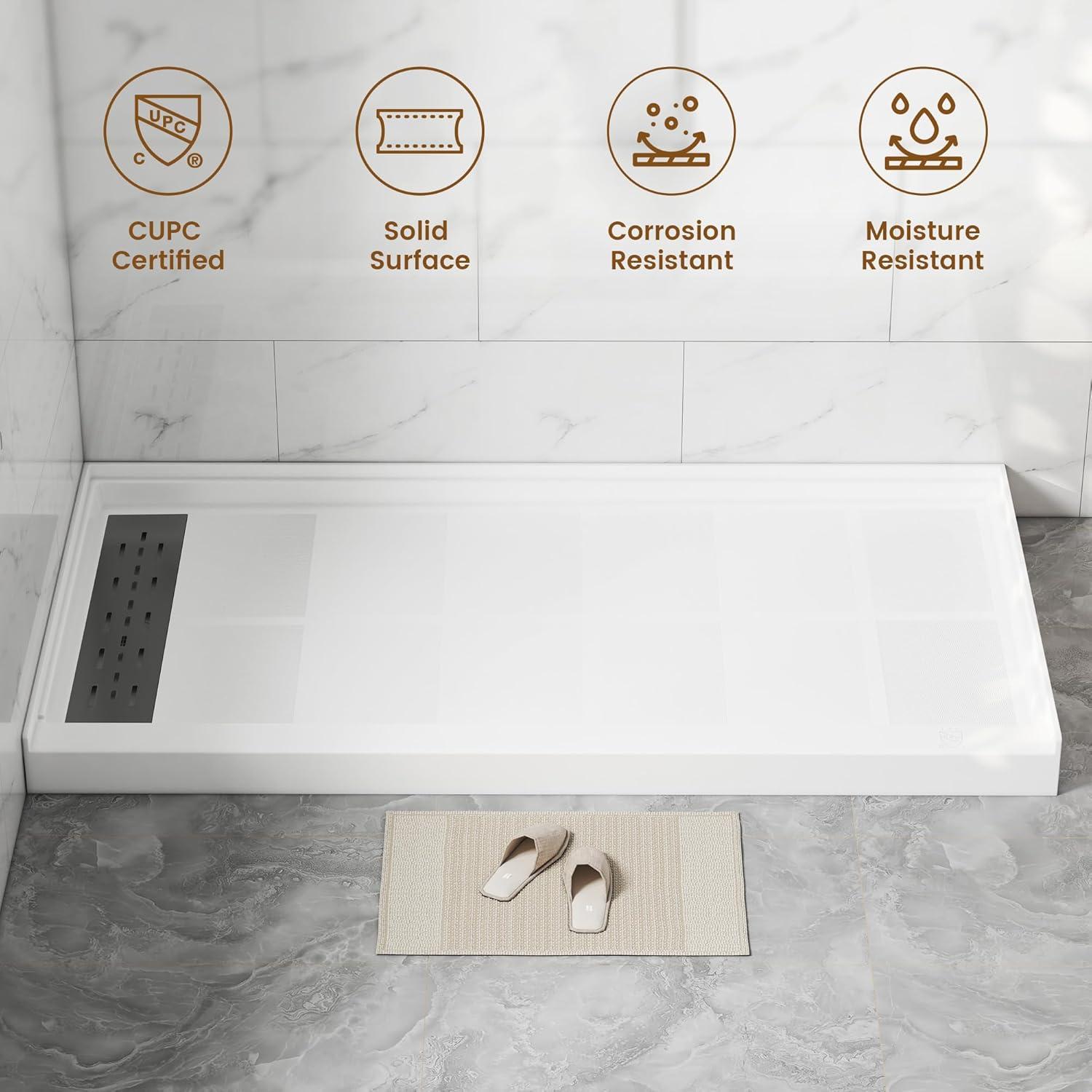 CASAINC CABR2501WH6032L GranVía 60"W X 32"D Single Threshold Shower Base Anti-Slip Shower Pan, Drain Assembly & Drain Cover Included