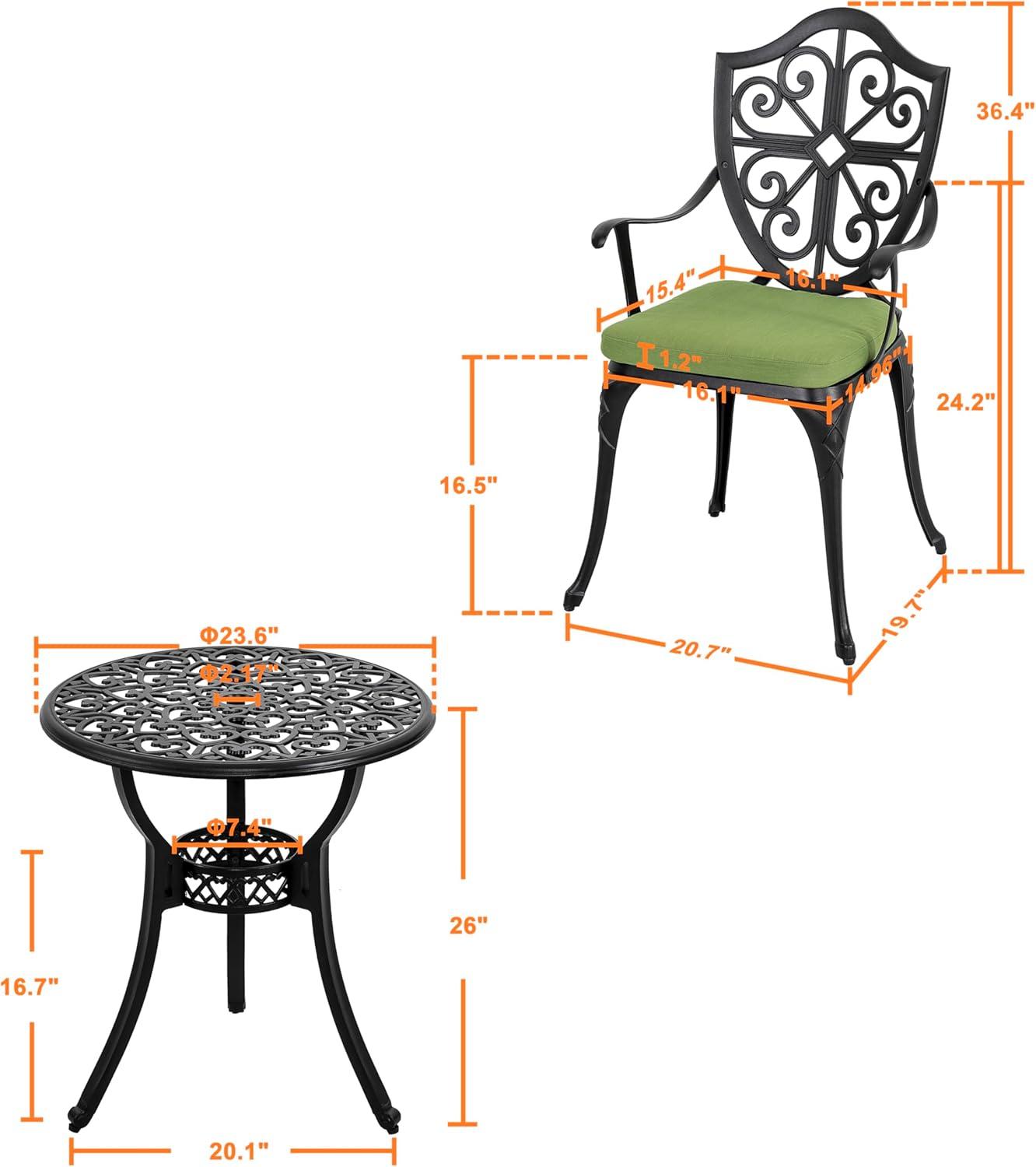 Nuu Garden 3 Piece Cast Aluminum Outdoor Bistro Set, Patio Bistro Set with Cushions and Umbrella Hole Rust-Resistant Outdoor Dining Set, Black&Green