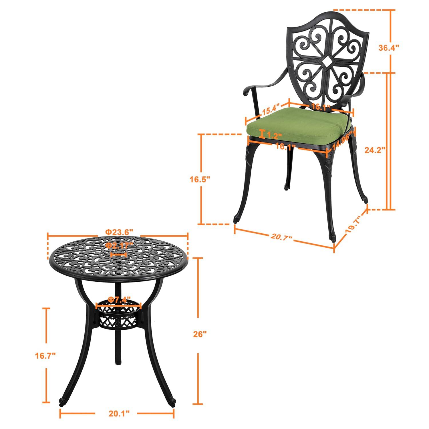 Nuu Garden 3 Piece Cast Aluminum Outdoor Bistro Set, Patio Bistro Set with Cushions and Umbrella Hole Rust-Resistant Outdoor Dining Set, Black&Green