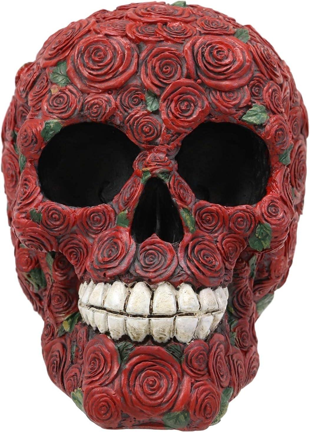 Day of The Dead Red Floral Roses With Green Petals Sugar Skull Figurine Decor