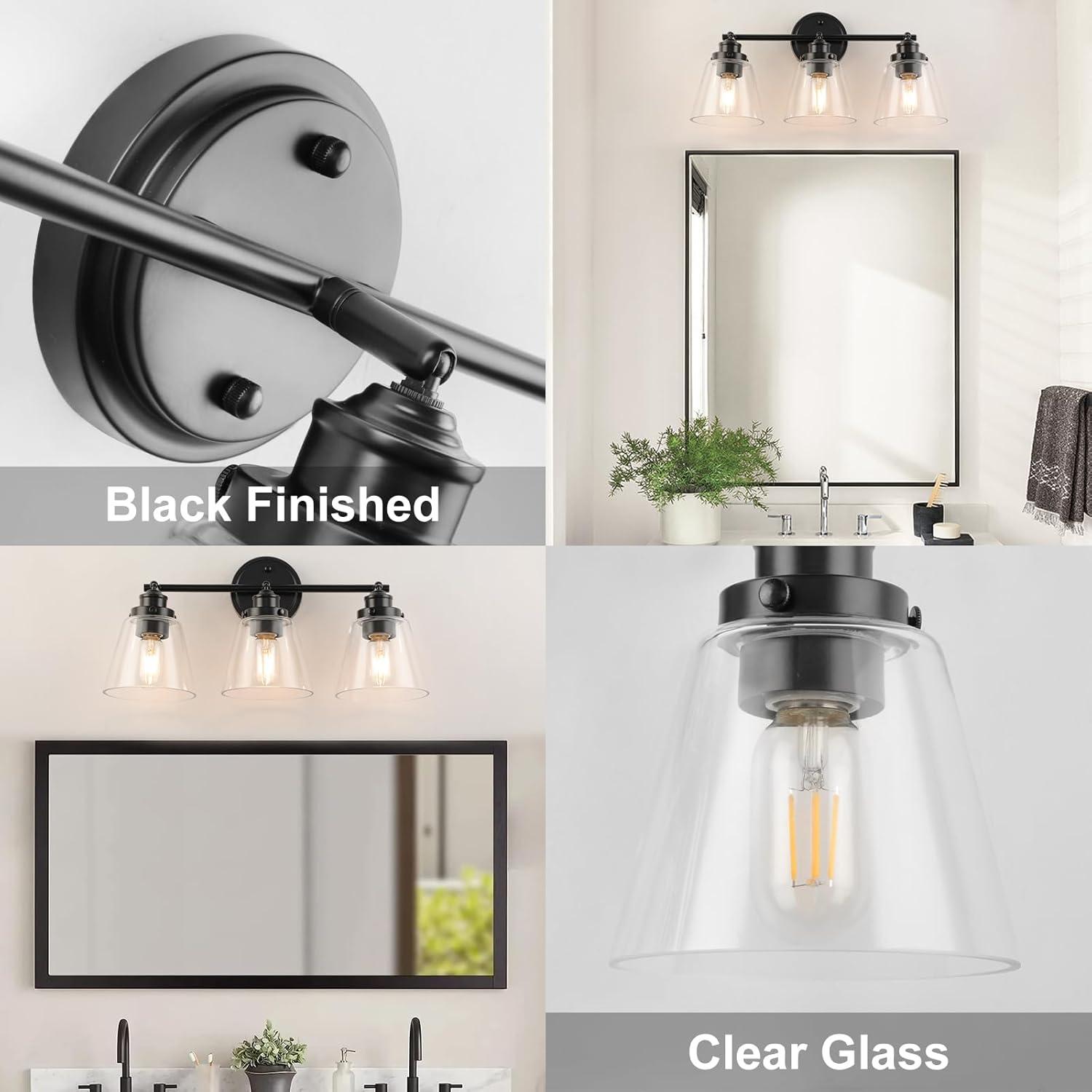 3-Light Bathroom Light Fixtures Bathroom Vanity Lights with Clear Glass Shades Matte Black Bathroom Light Fixtures over mirror for Mirror Living Room Cabinet Bedroom Porch